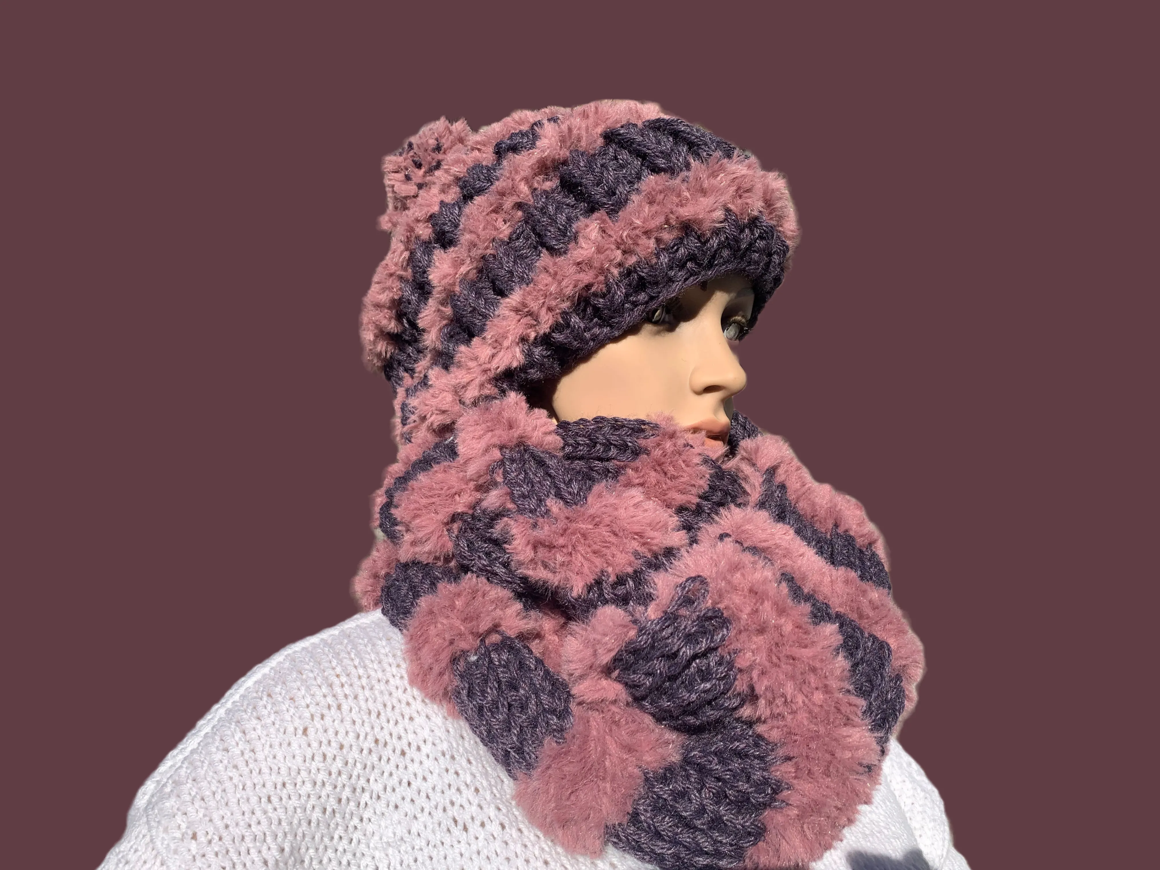 Faux-Fur Hand Knit Hat&Scarf Set