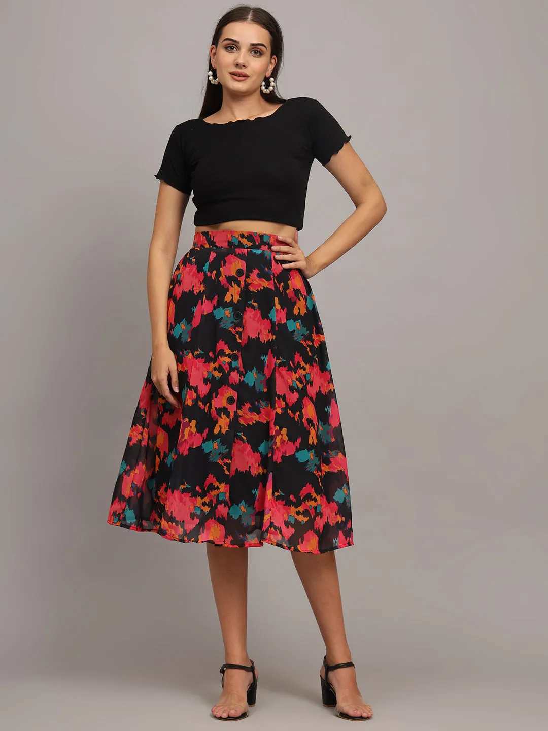 Floral Printed Georgette Knee-Length Flared Skirt