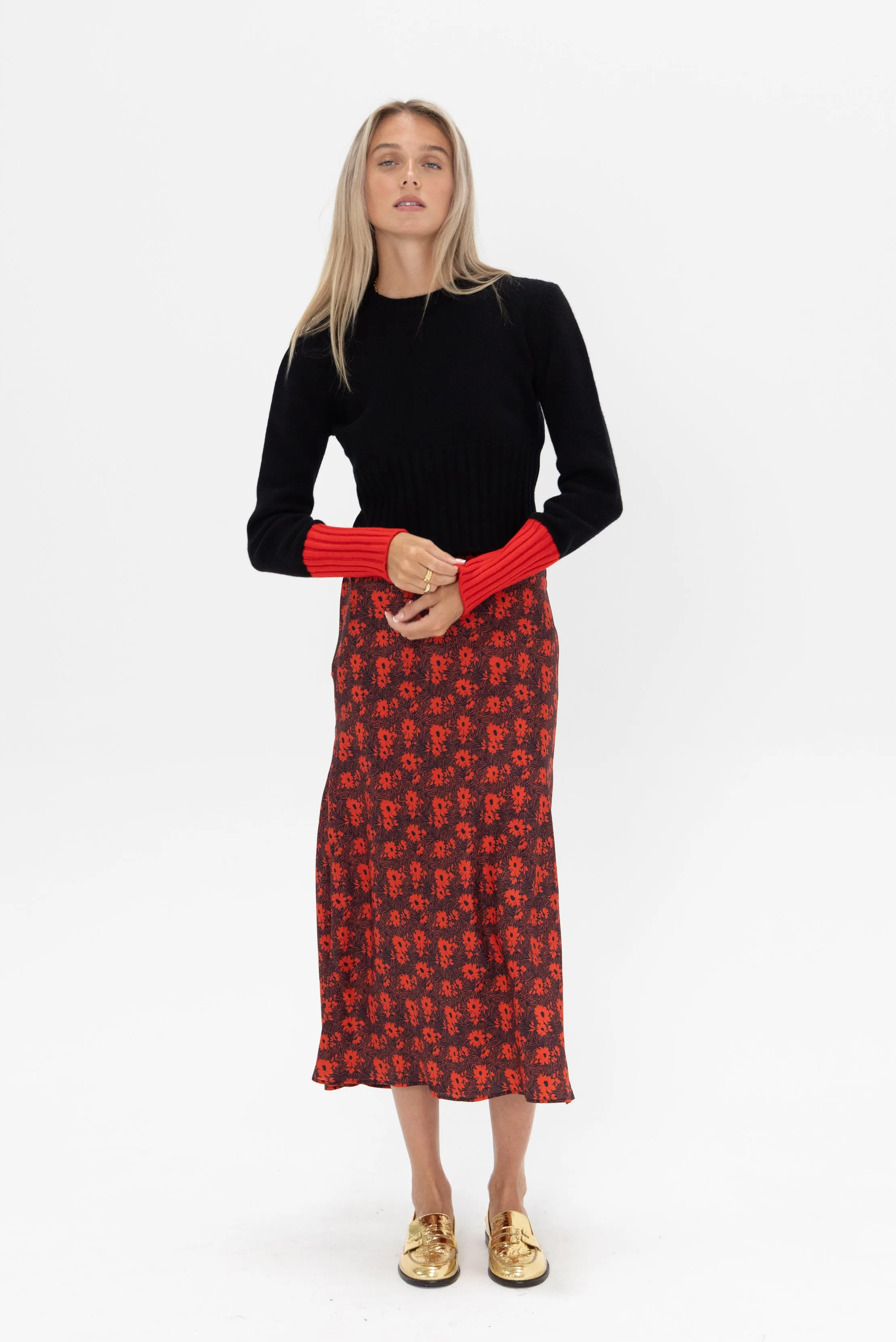 Flower Print Silk Midi Skirt, Black & Red