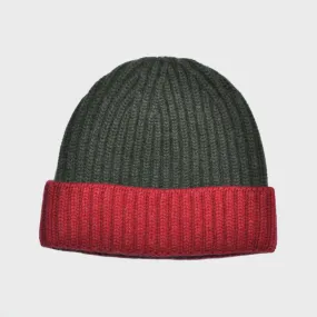 Four Ply Cashmere Winter Beanie Olive Green & Red