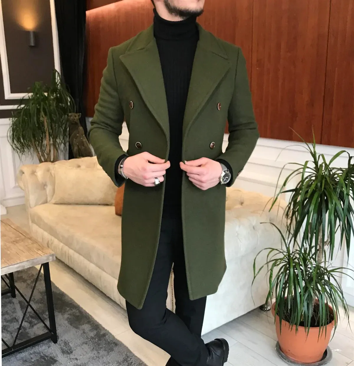 Frost Slim Fit Green Double Breasted Wool Coat by Italian Vega®