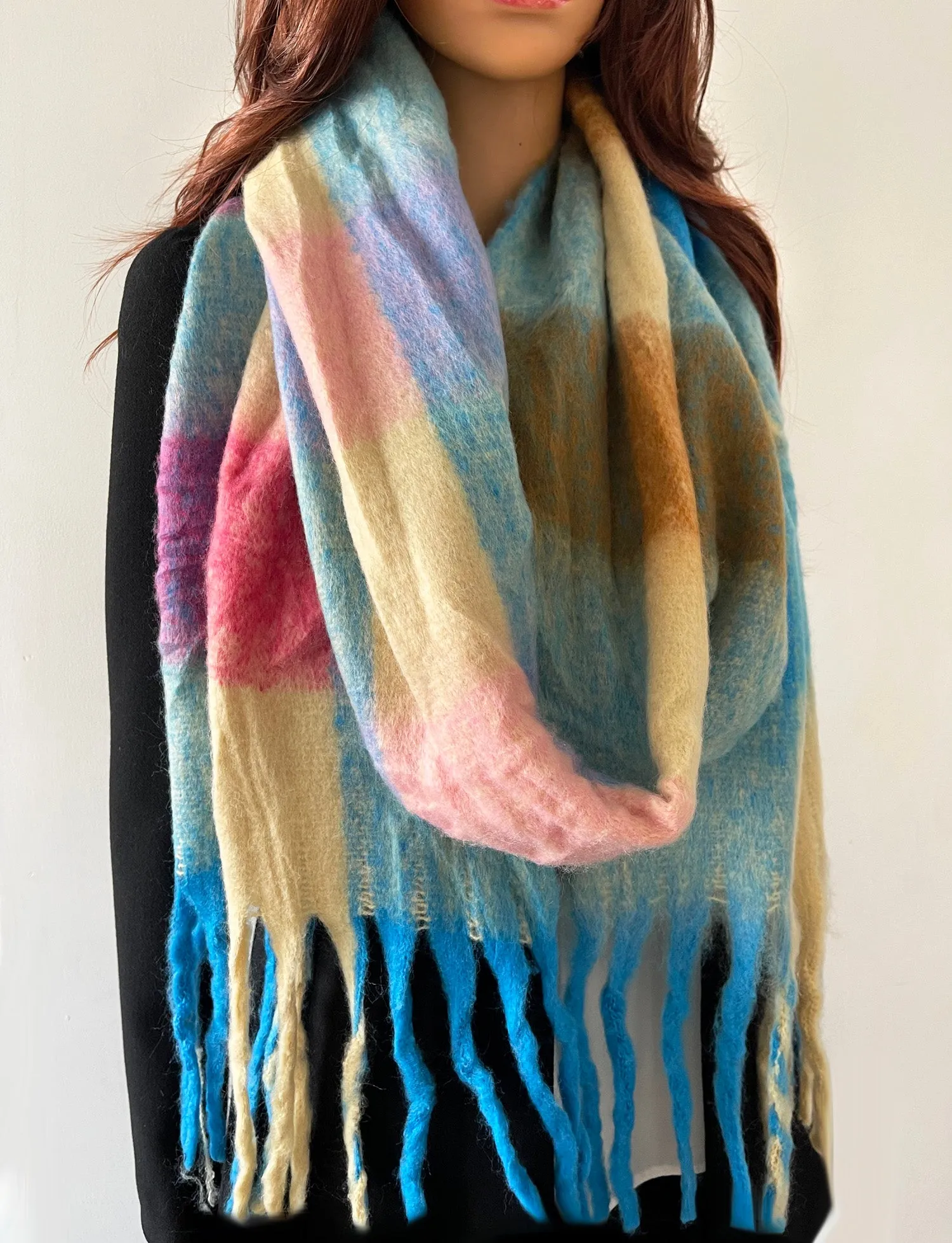 FUCHSIA BLUE CHECKED WOOL RAINBOW BLANKET SCARF OVERSIZED WINTER SHAWL WRAP