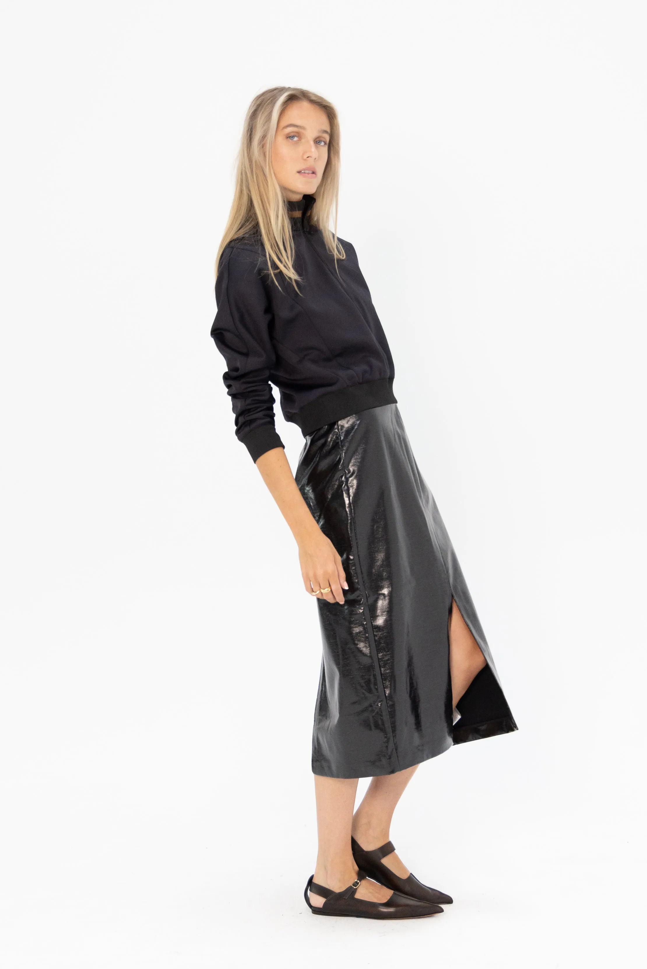 Glossed Jersey Pencil Skirt, Black