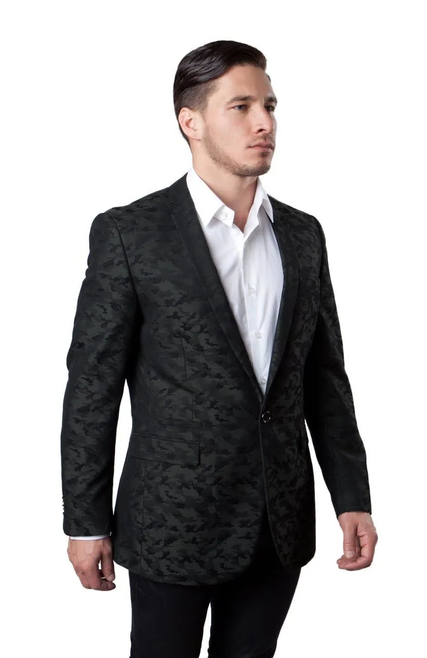 Green Camouflage Patterned Slim Fit Blazer