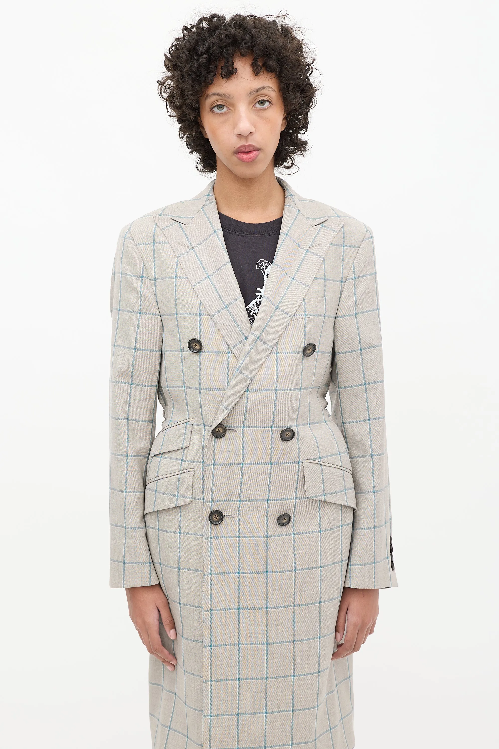 Grey & Blue Wool Plaid Coat