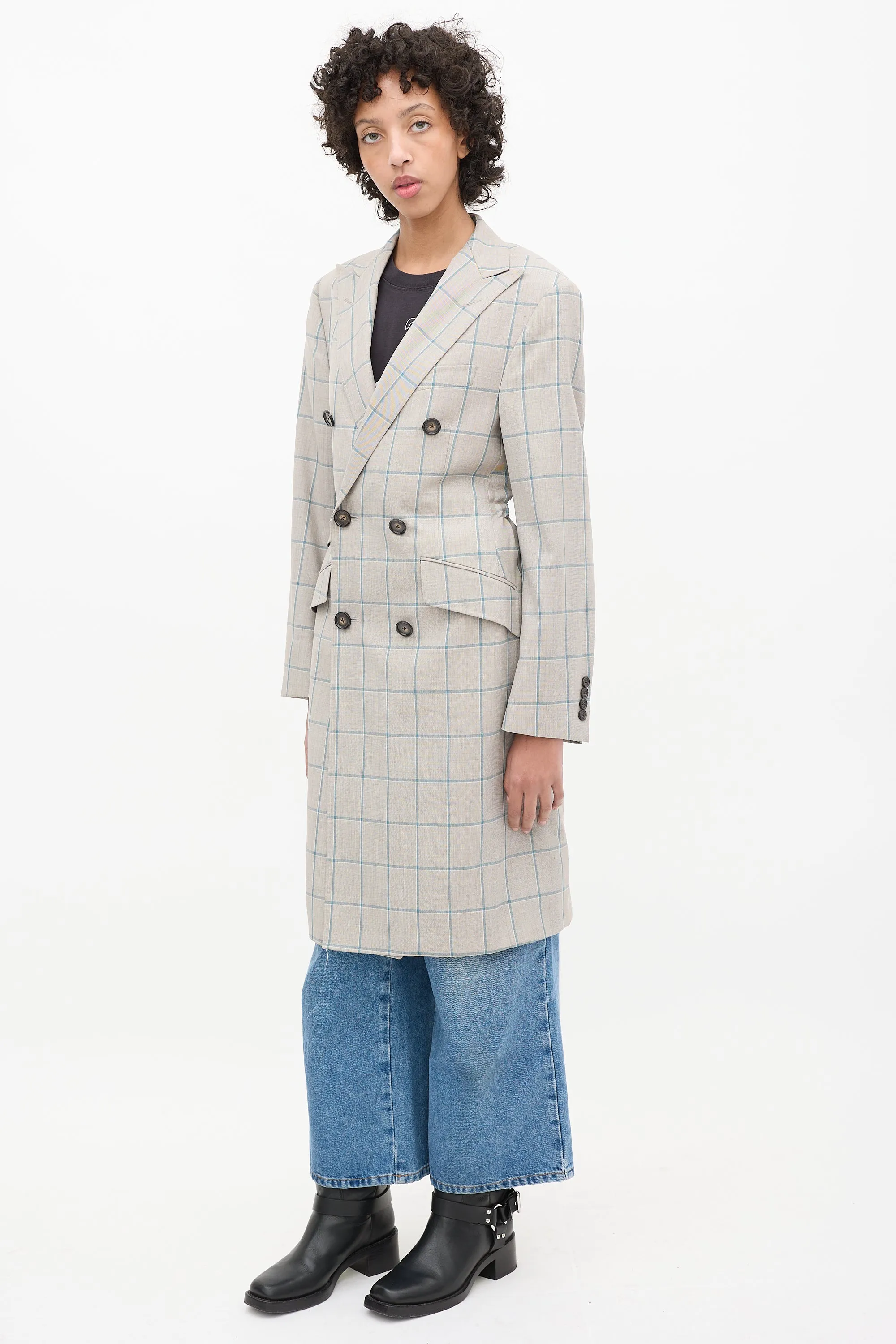 Grey & Blue Wool Plaid Coat