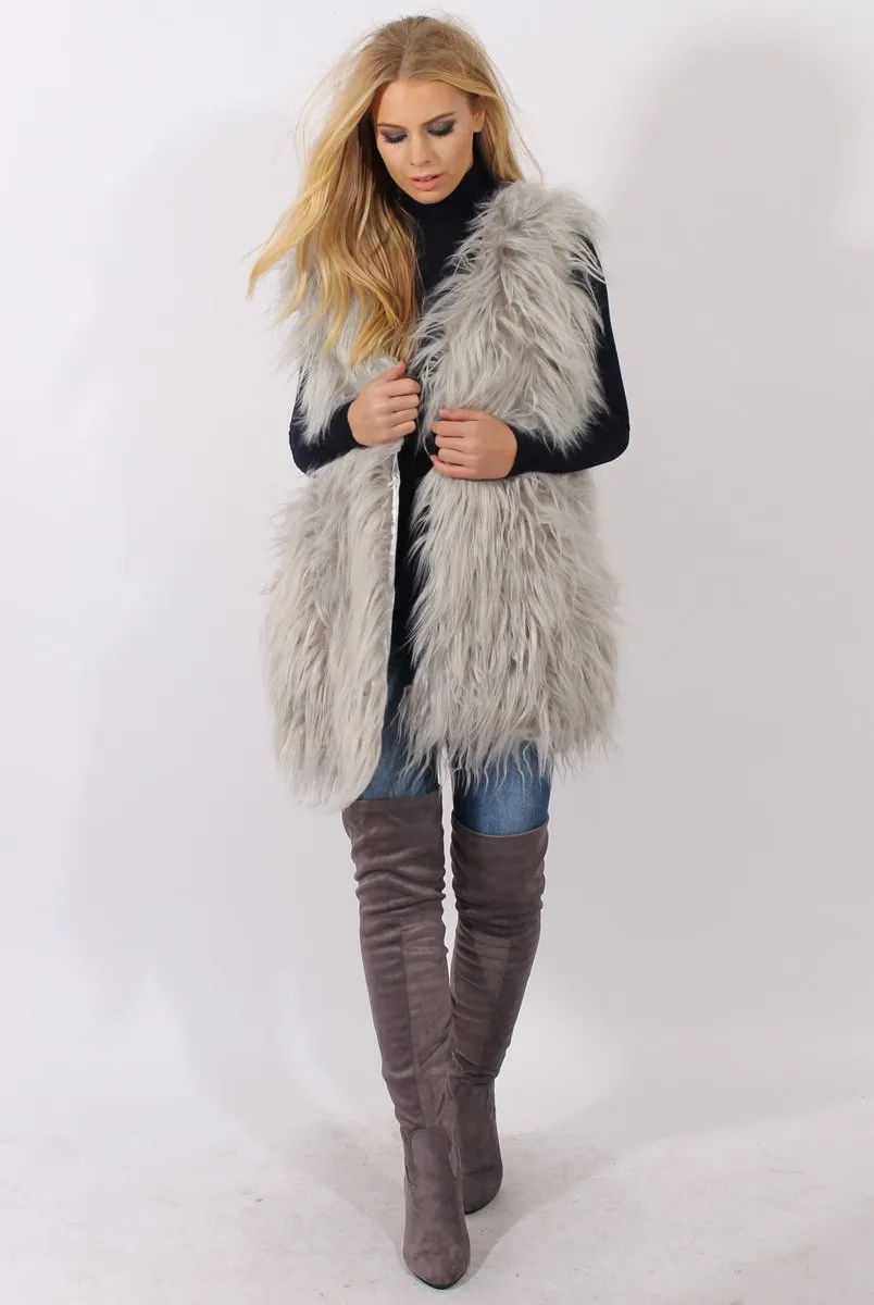 Grey Faux Fur Shaggy Gilet - Liberty