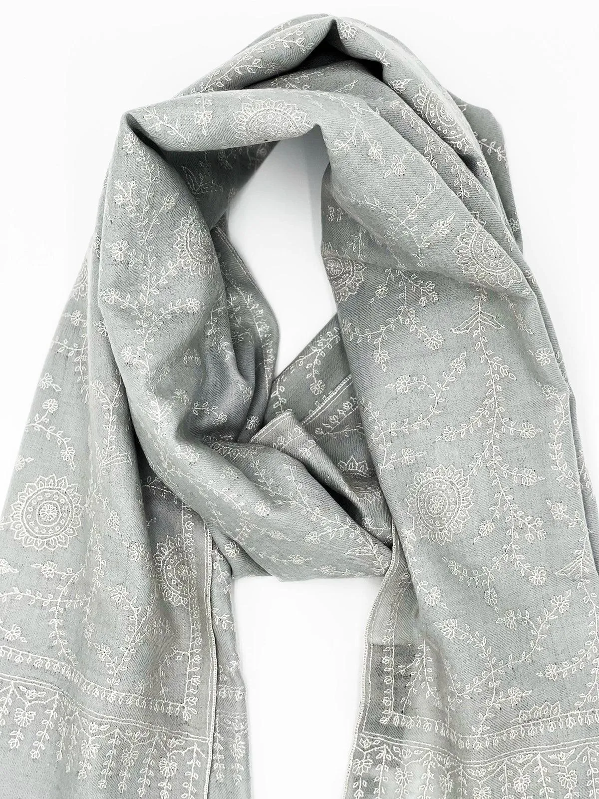 Handwoven 100% Pashmina - GRAY WITH WHITE EMBROIDERY