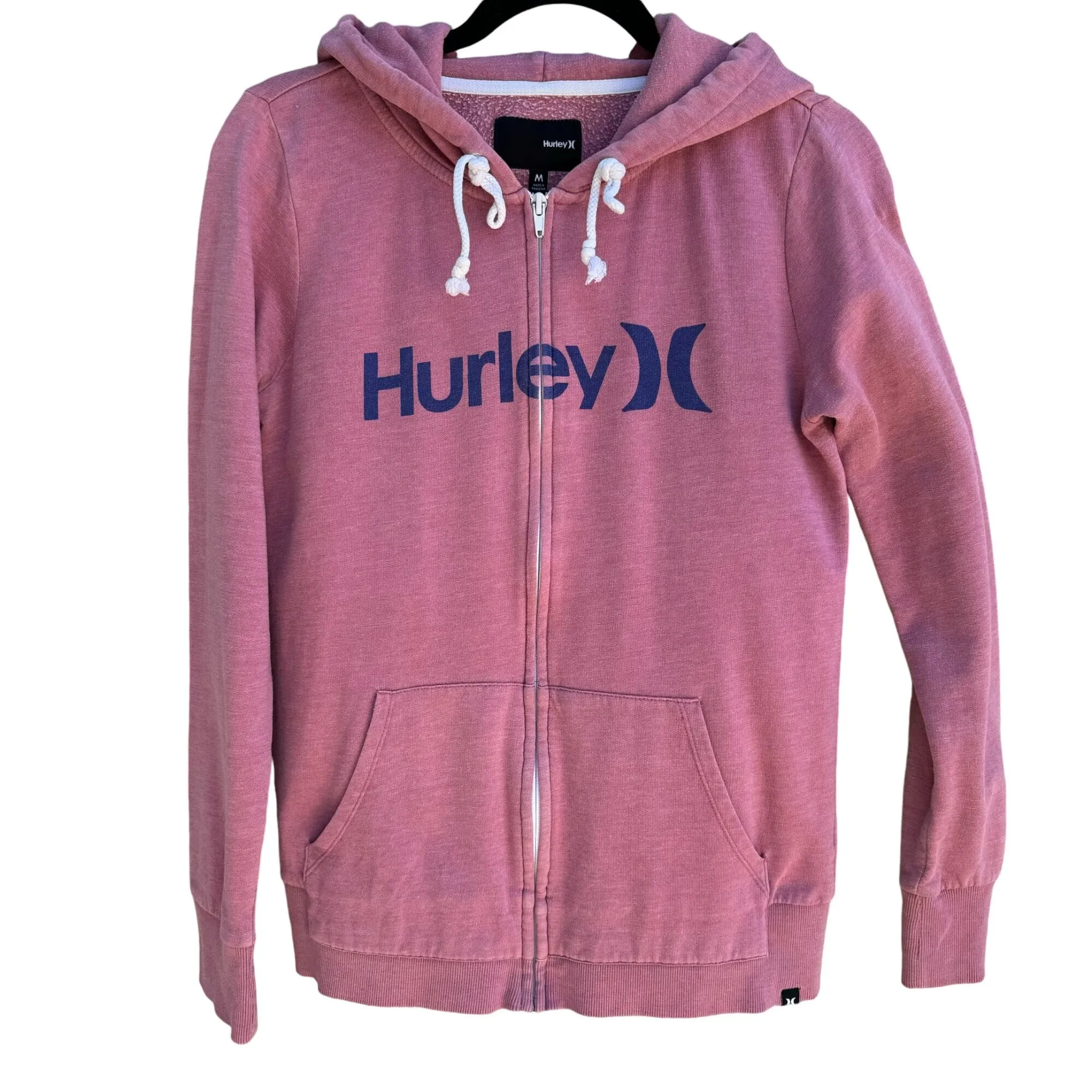 Hurley Vintage Y2K Womens Pink Zip Front Graphic Print Long Sleeve Hoodie Medium