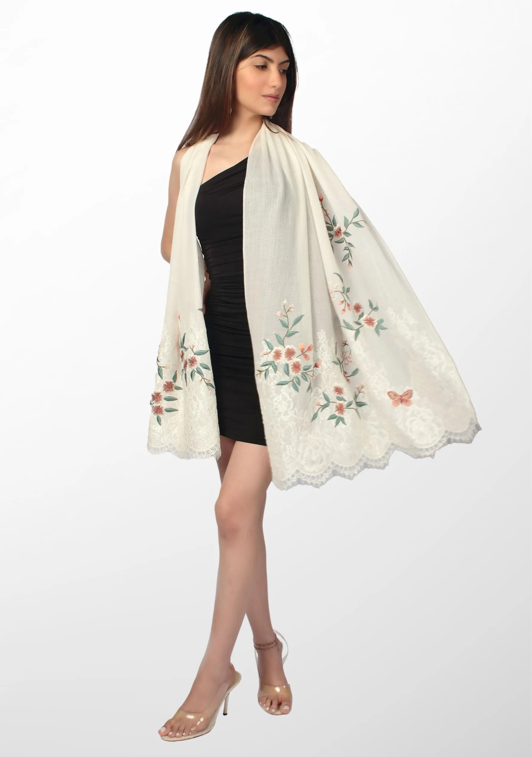 Ivory Cashmere Scarf with Multi-colored Embroidery and Ivory Filigree Lace Pallas