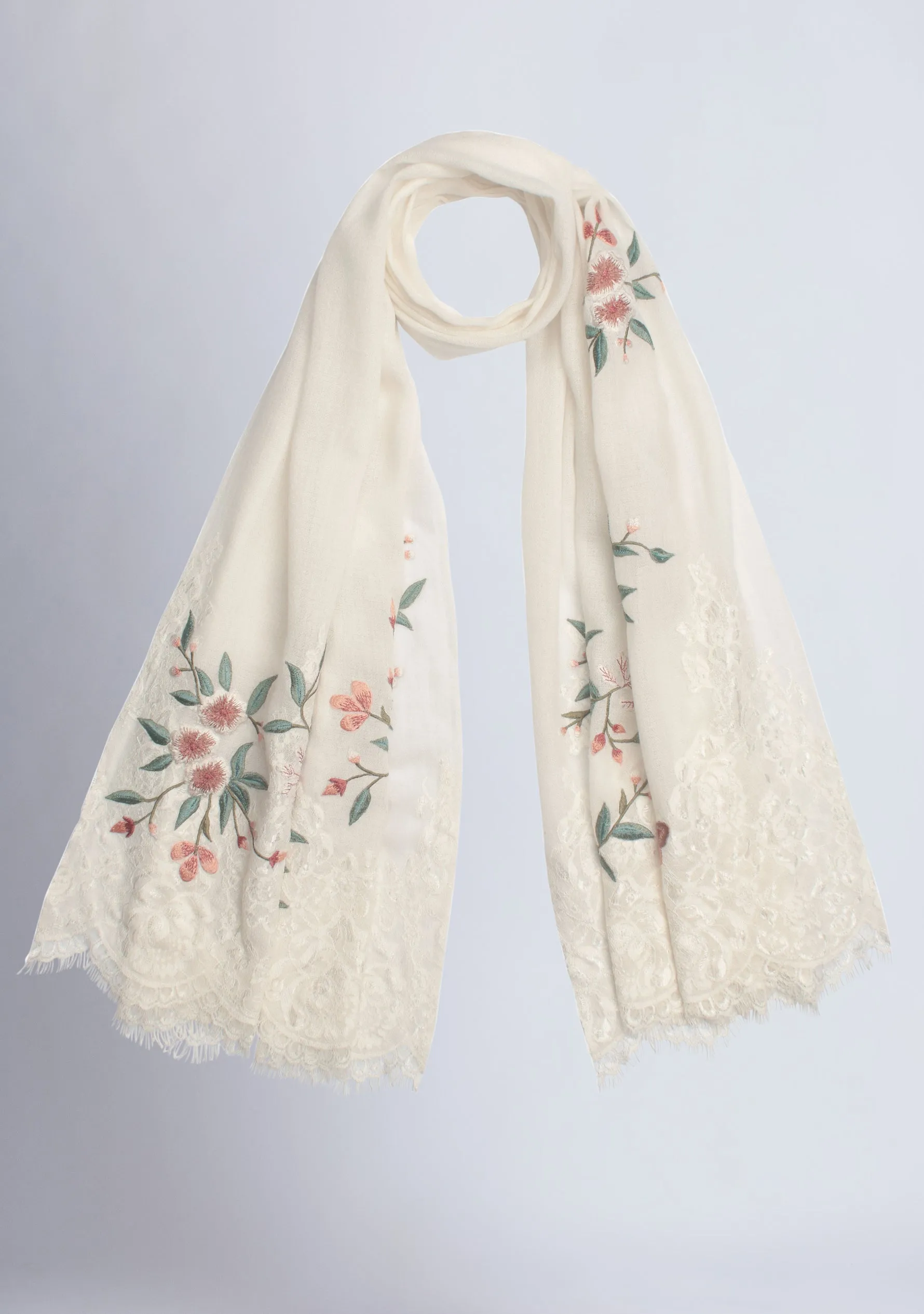 Ivory Cashmere Scarf with Multi-colored Embroidery and Ivory Filigree Lace Pallas