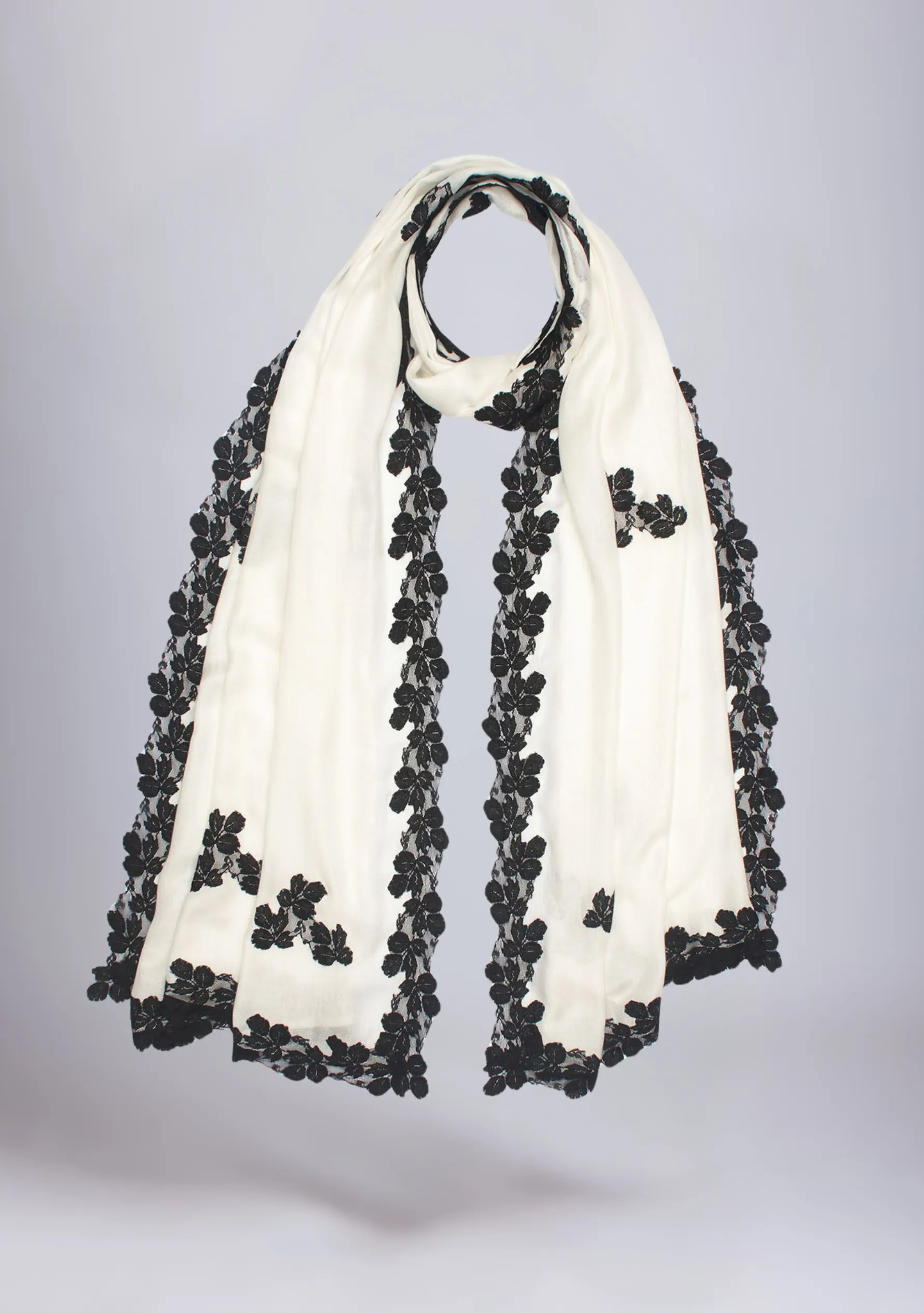 Ivory Modal Scarf with Black Leaf Lace Appliqués and Border