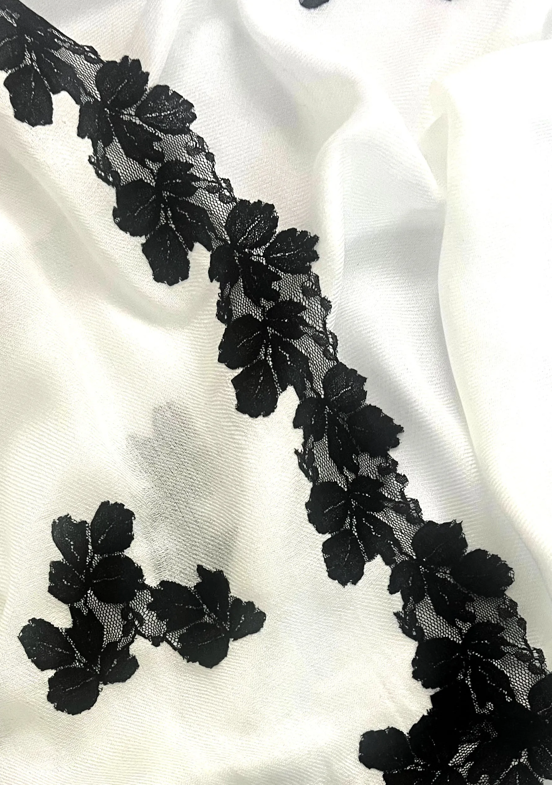 Ivory Modal Scarf with Black Leaf Lace Appliqués and Border