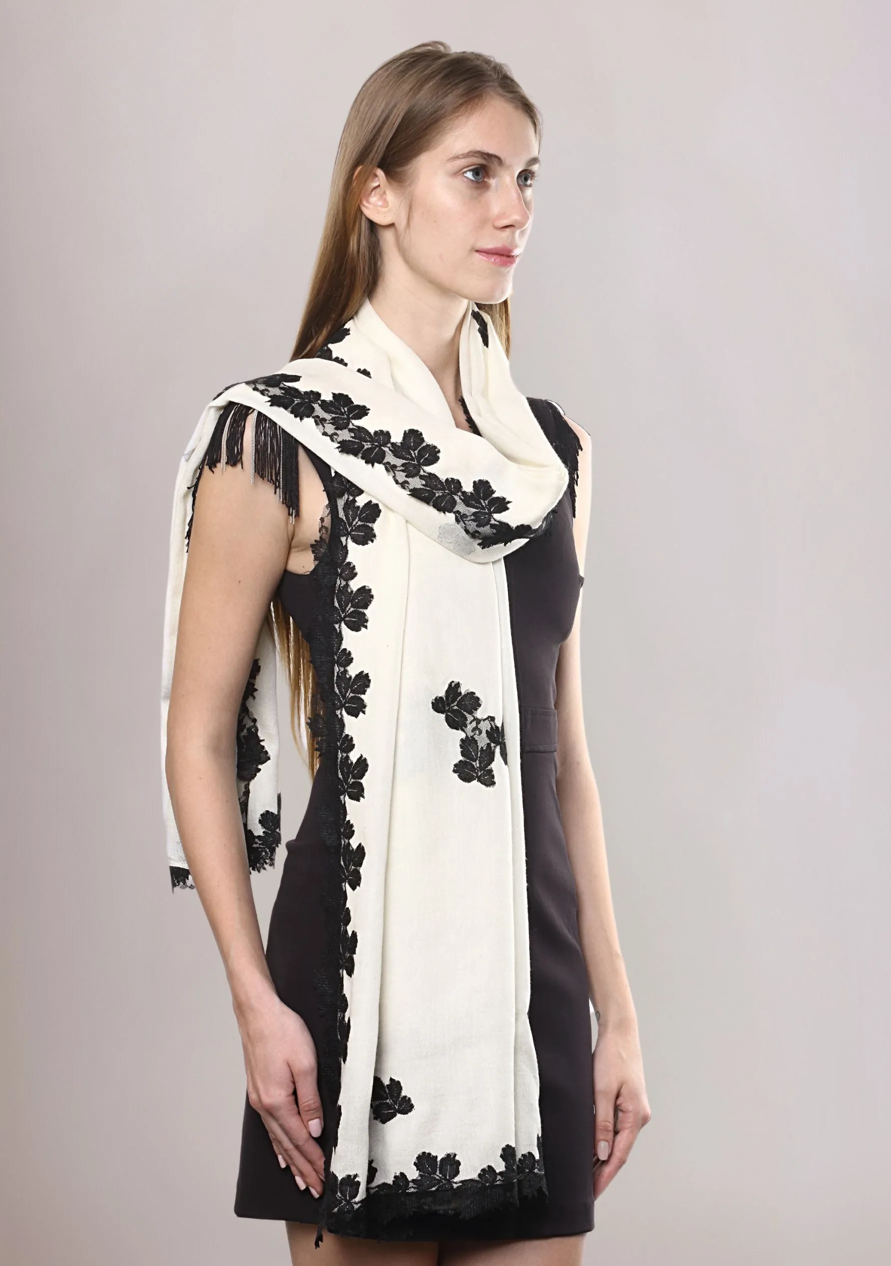 Ivory Modal Scarf with Black Leaf Lace Appliqués and Border