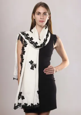 Ivory Modal Scarf with Black Leaf Lace Appliqués and Border