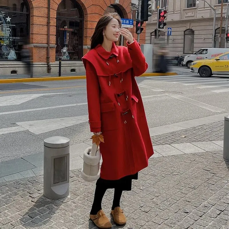 Knee-Length Horn Toggle Preppy Style Wool Duffle Coat