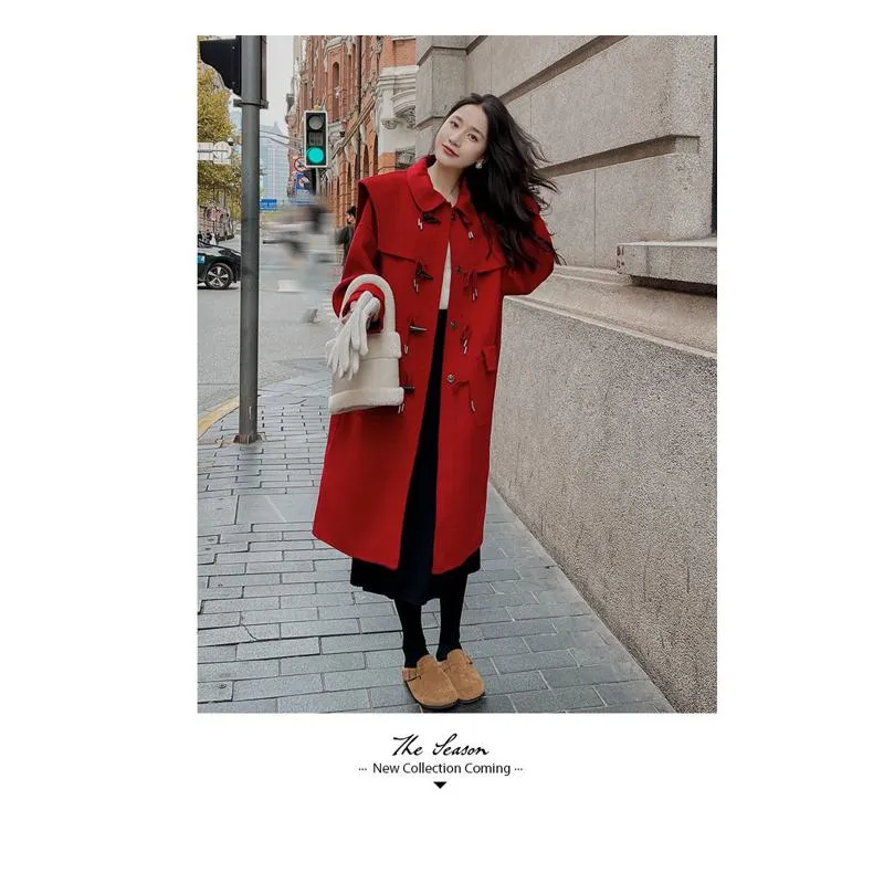 Knee-Length Horn Toggle Preppy Style Wool Duffle Coat