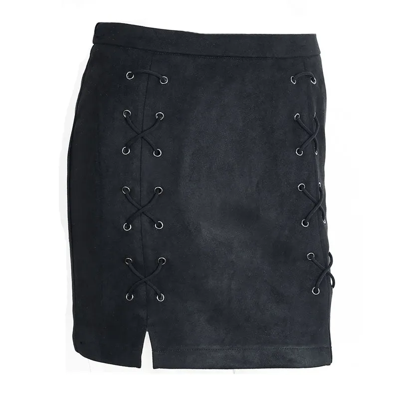 Lace Up Leather Suede Pencil Skirt