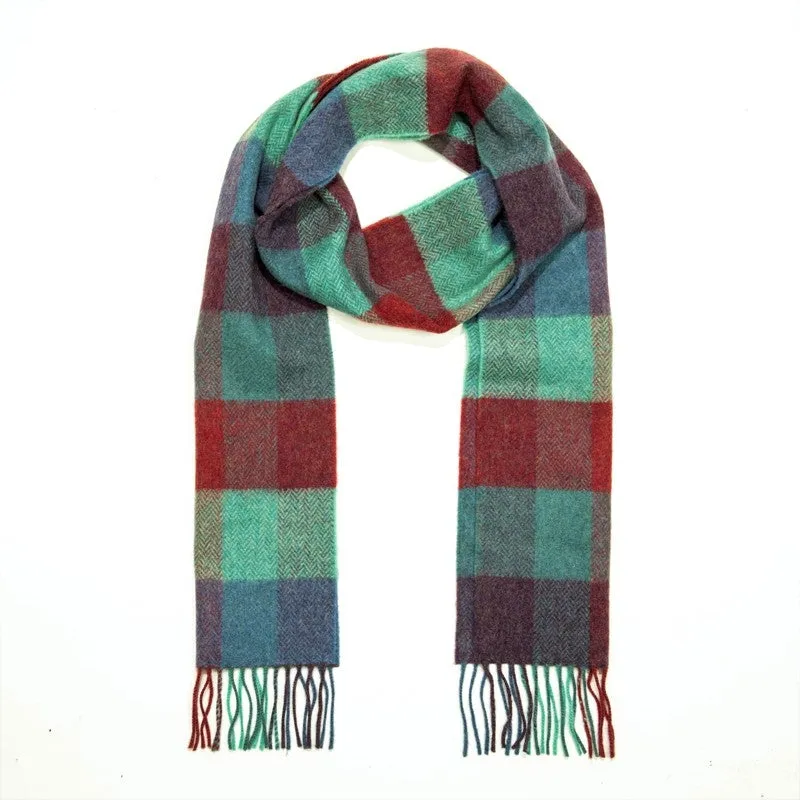 Lambswool Scarf - Denim, Green and Purple Herringbone Block - John Hanly