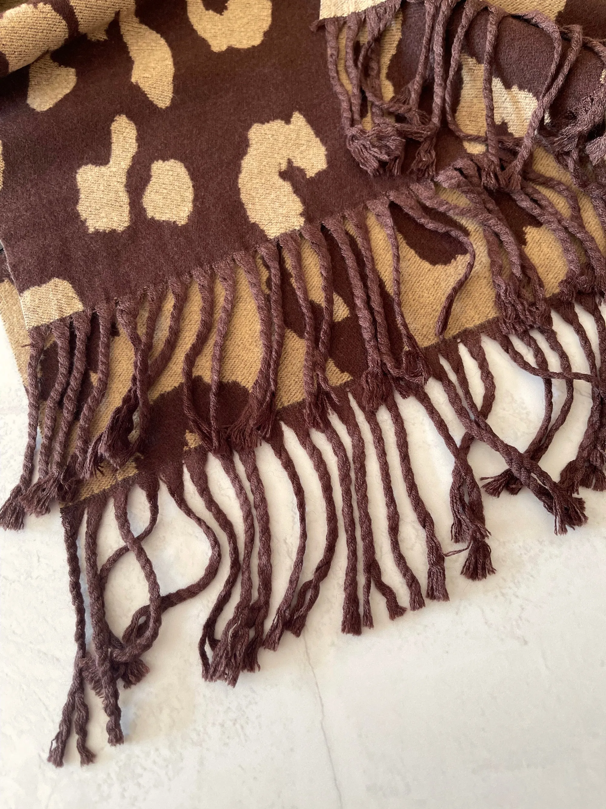 LARGE BROWN CASHMERE LEOPARD PRINT REVERSIBLE WINTER SHAWL BLANKET SCARF