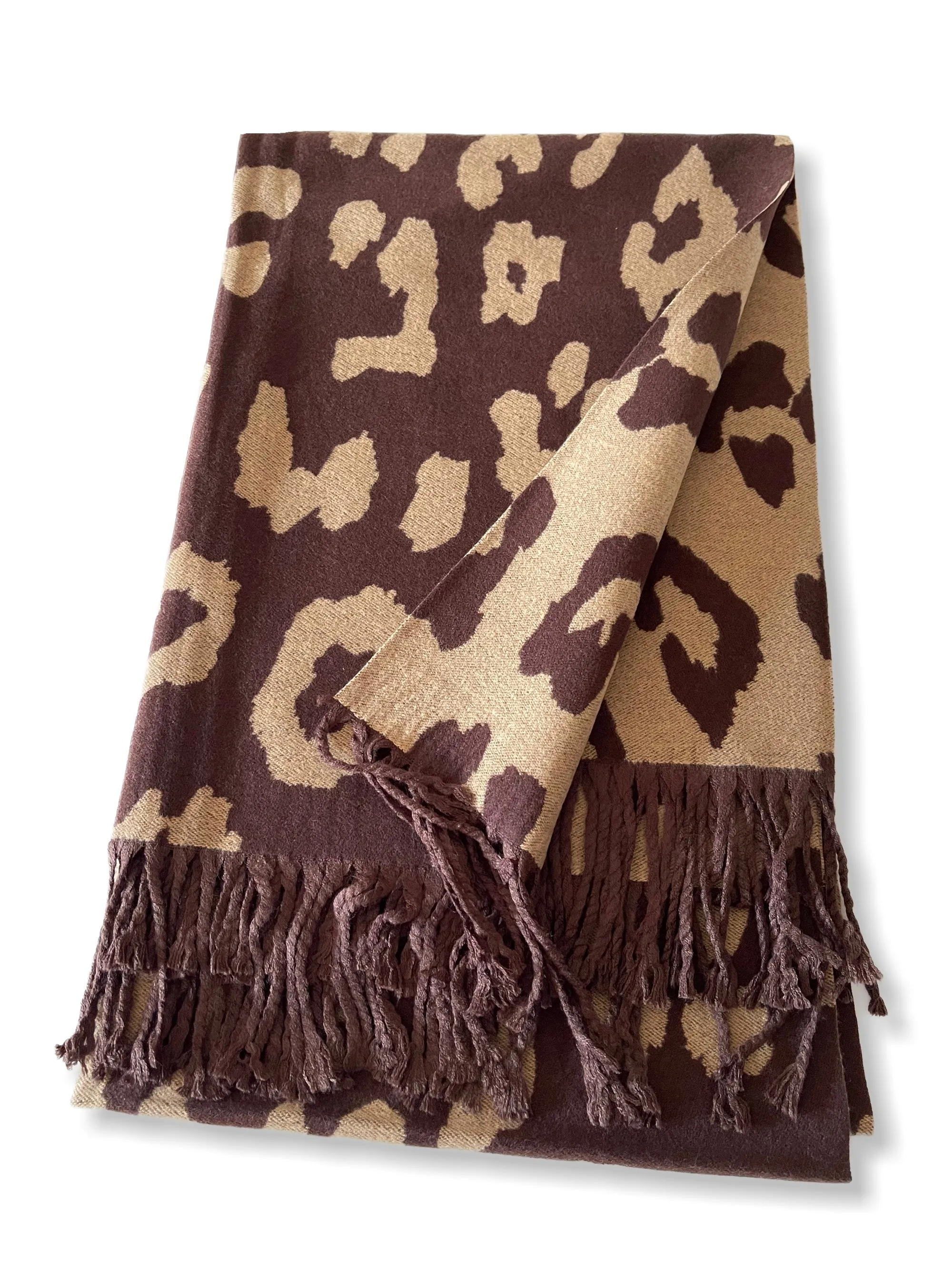 LARGE BROWN CASHMERE LEOPARD PRINT REVERSIBLE WINTER SHAWL BLANKET SCARF