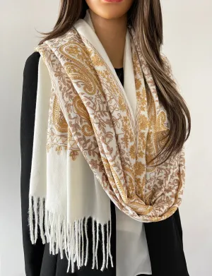 LARGE CREAM PAISLEY CASHMERE COTTON BLEND WINTER SHAWL BLANKET SCARF