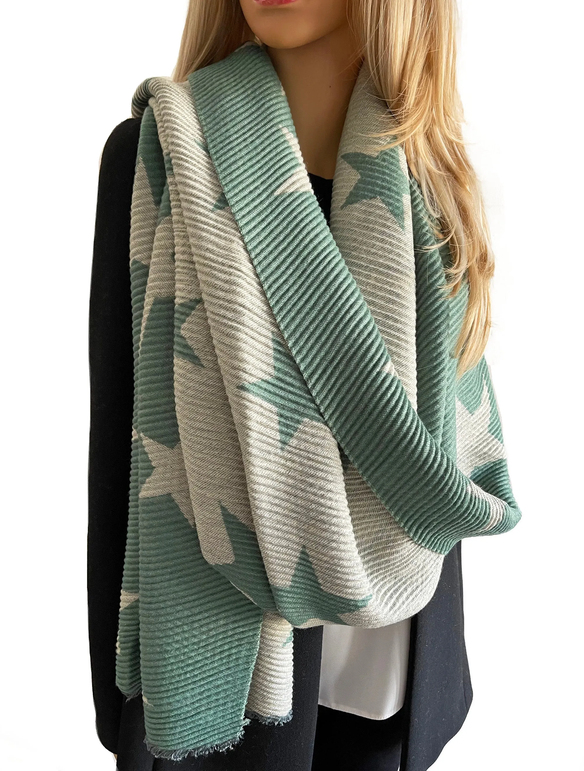 LARGE DUCK EGG GREEN STAR THICK REVERSIBLE WINTER SHAWL BLANKET SCARF