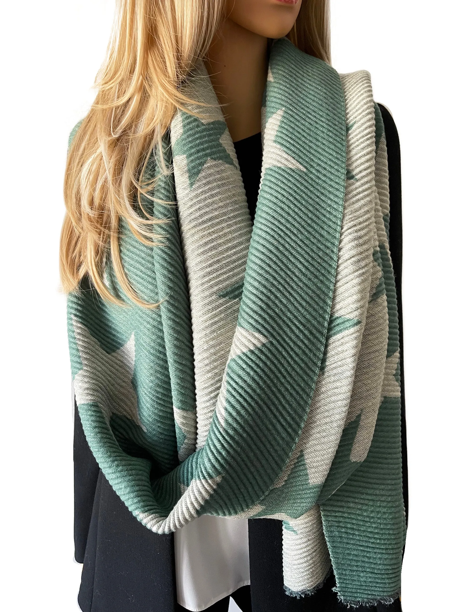 LARGE DUCK EGG GREEN STAR THICK REVERSIBLE WINTER SHAWL BLANKET SCARF