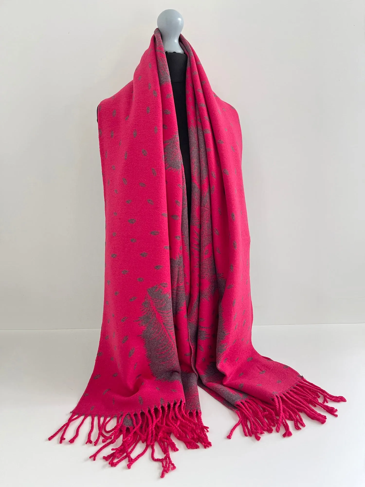 LARGE FUCHSIA CASHMERE FEATHER PRINT REVERSIBLE WINTER SHAWL BLANKET SCARF