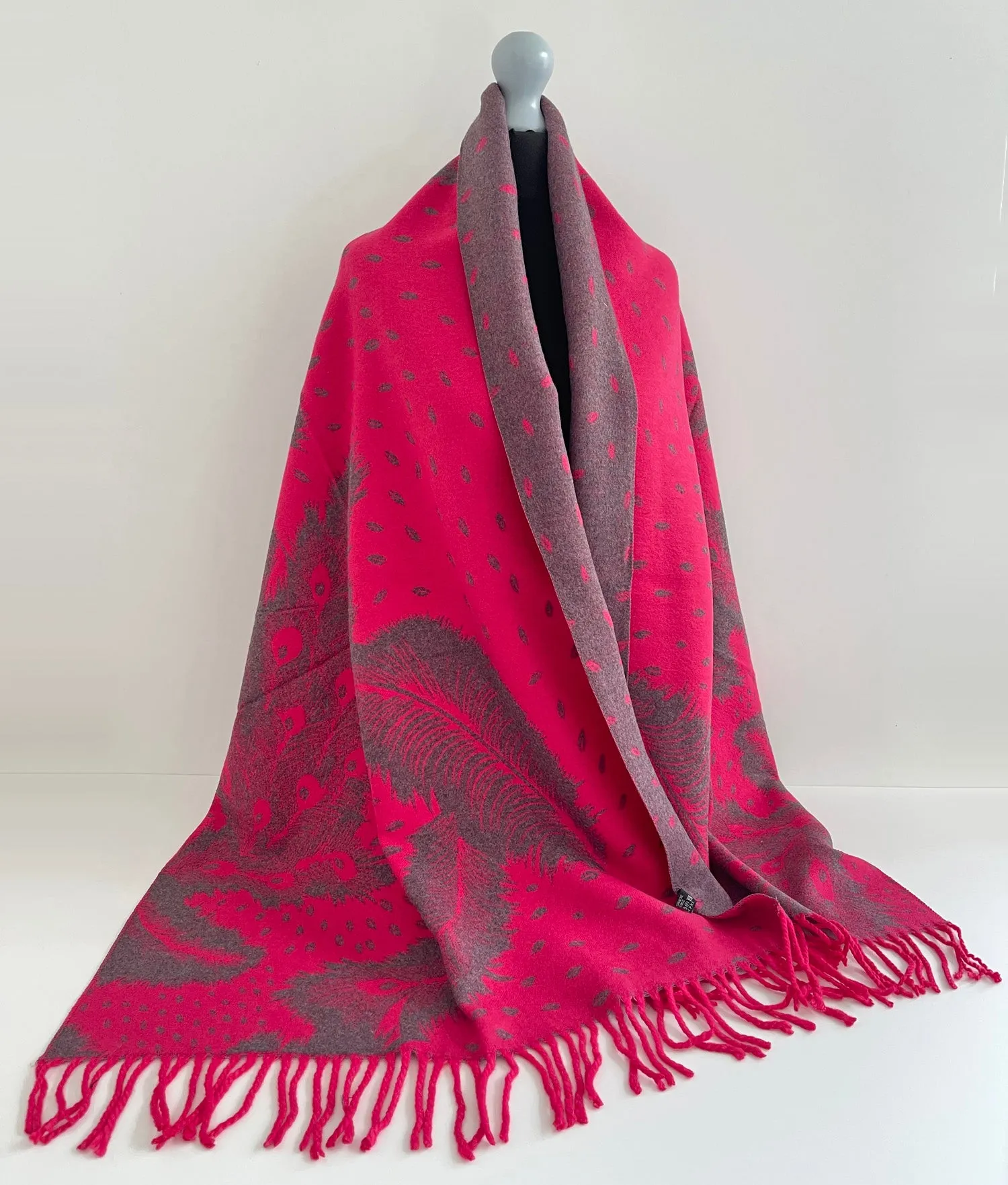 LARGE FUCHSIA CASHMERE FEATHER PRINT REVERSIBLE WINTER SHAWL BLANKET SCARF