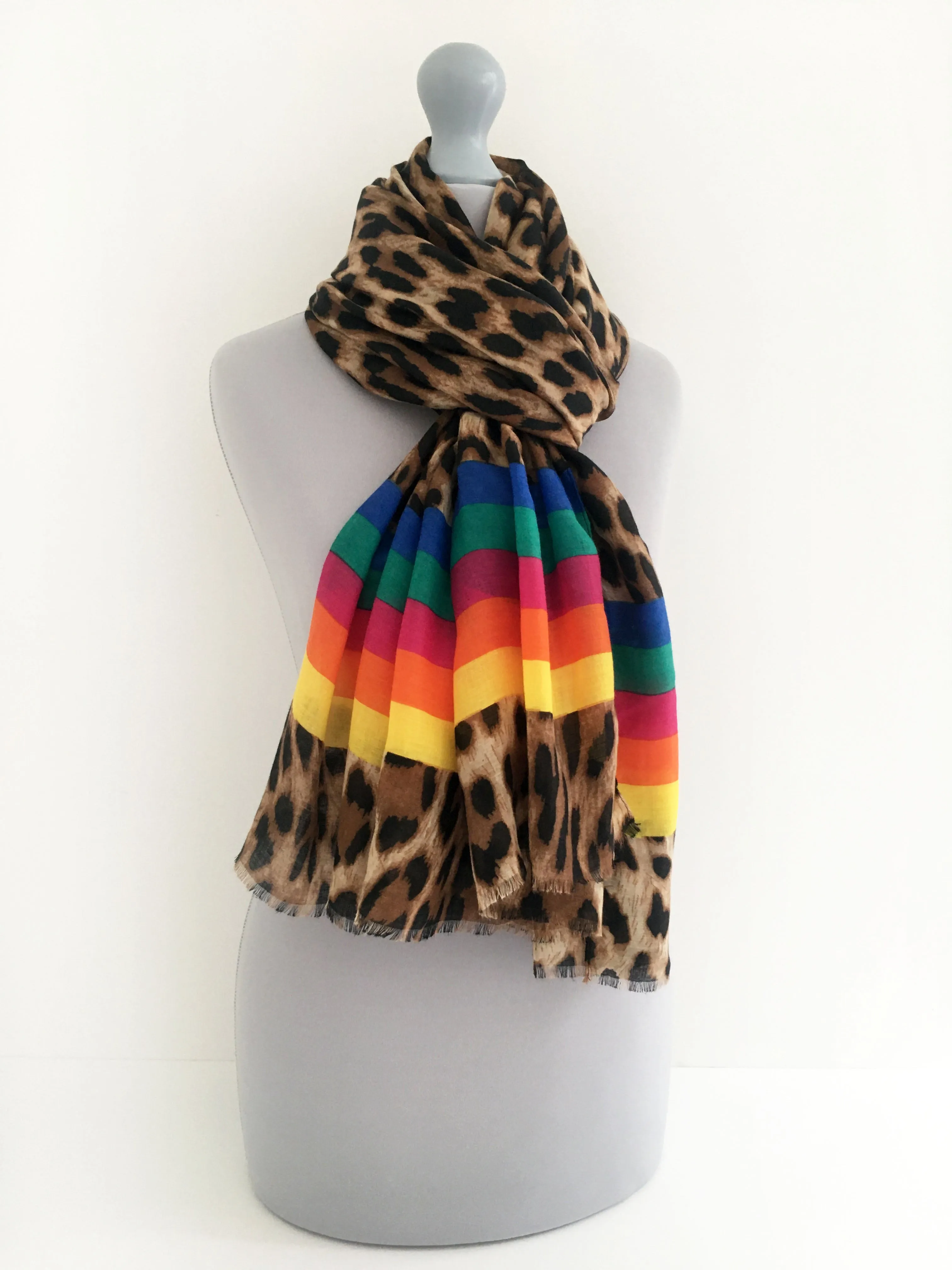 LARGE LEOPARD PRINT SHAWL SCARF WITH MULTI COLOUR RAINBOW STRIPES