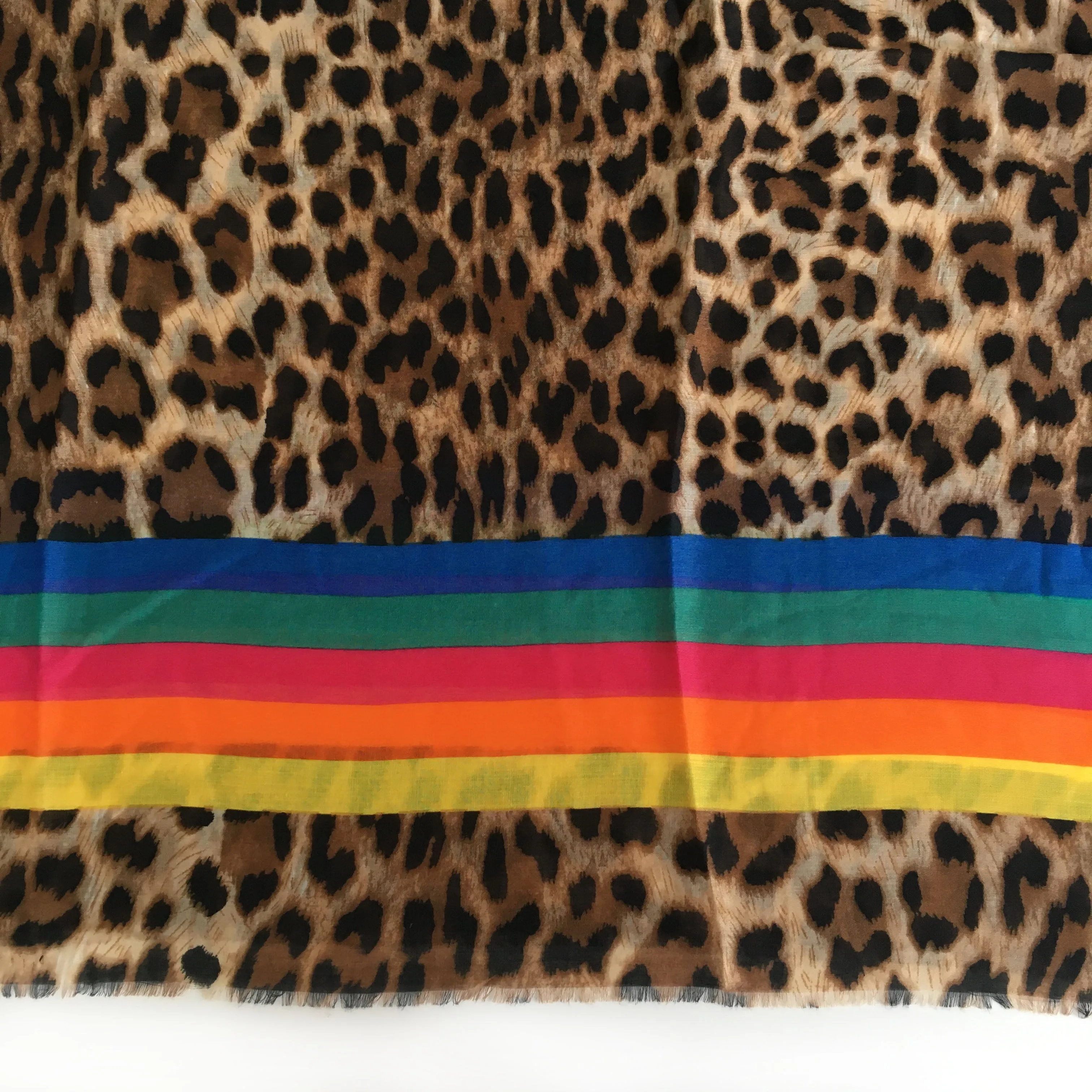 LARGE LEOPARD PRINT SHAWL SCARF WITH MULTI COLOUR RAINBOW STRIPES