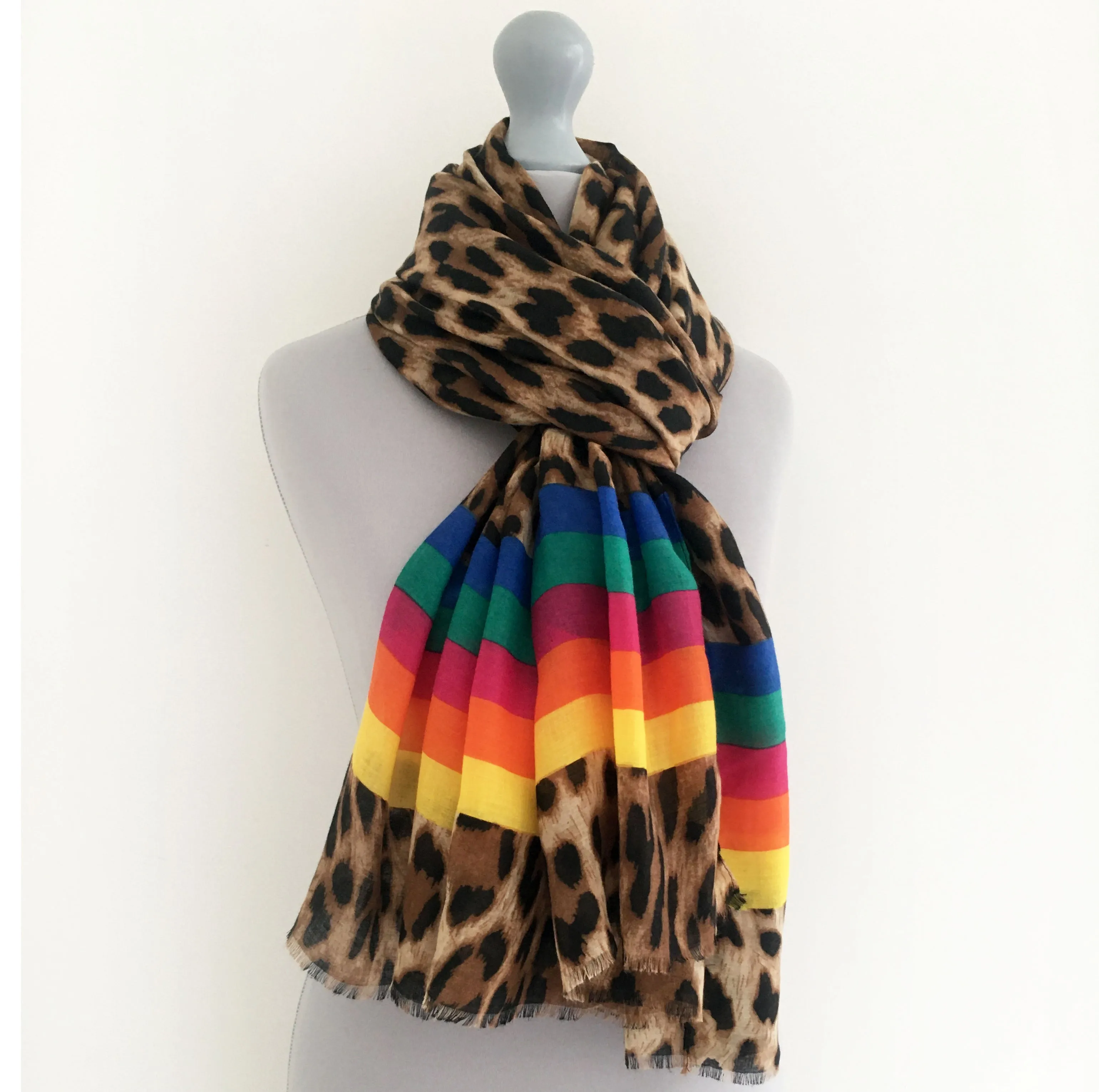 LARGE LEOPARD PRINT SHAWL SCARF WITH MULTI COLOUR RAINBOW STRIPES