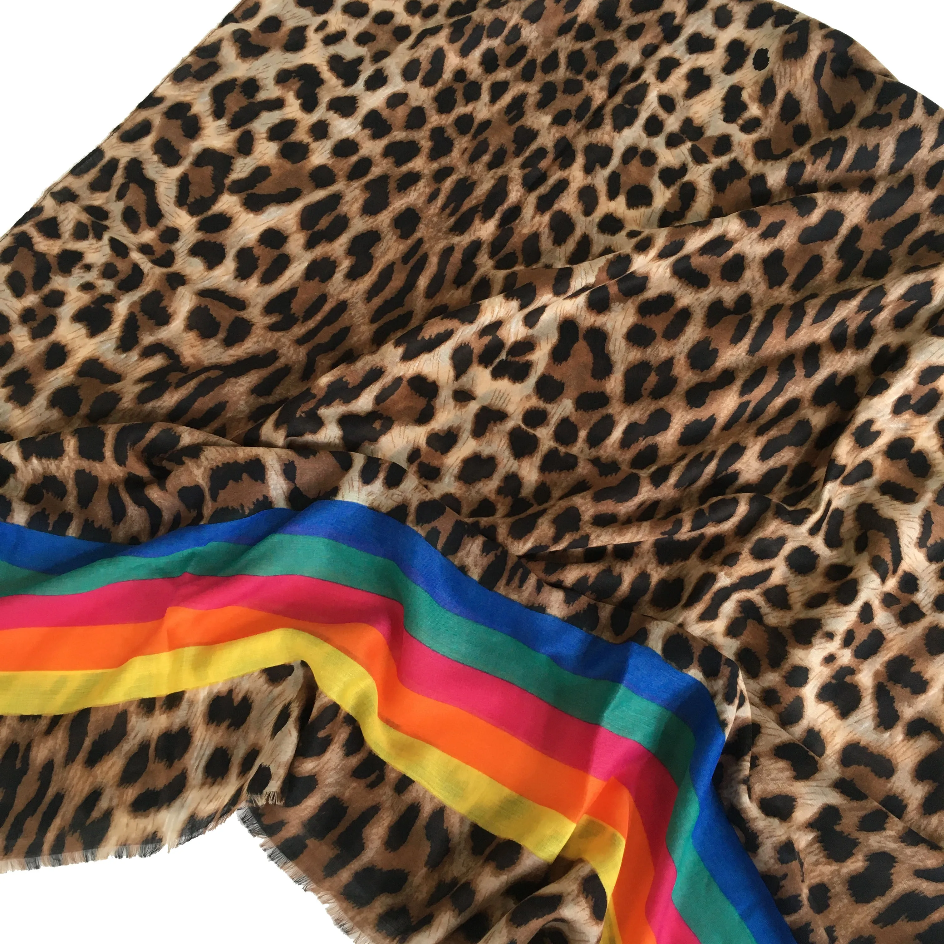 LARGE LEOPARD PRINT SHAWL SCARF WITH MULTI COLOUR RAINBOW STRIPES