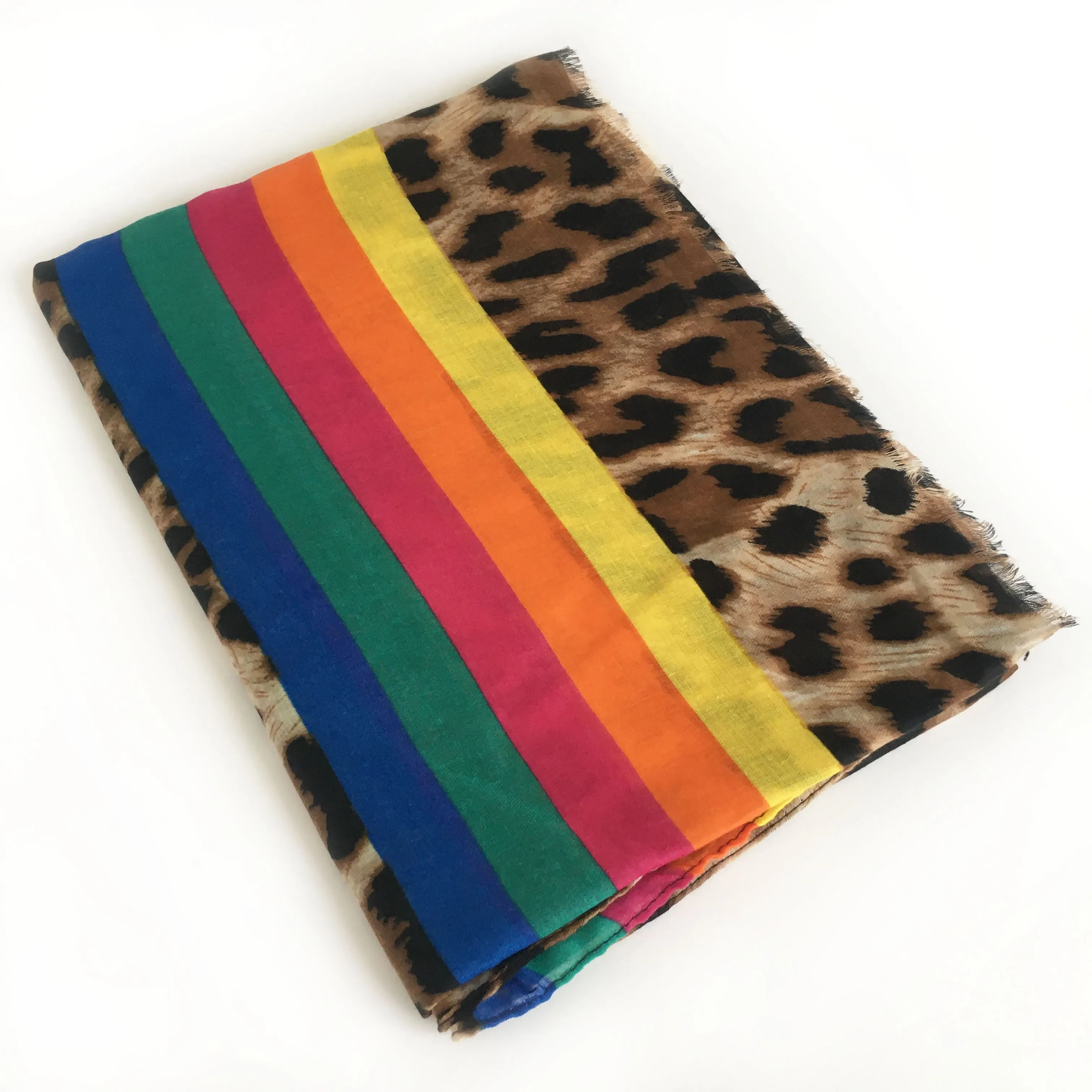 LARGE LEOPARD PRINT SHAWL SCARF WITH MULTI COLOUR RAINBOW STRIPES