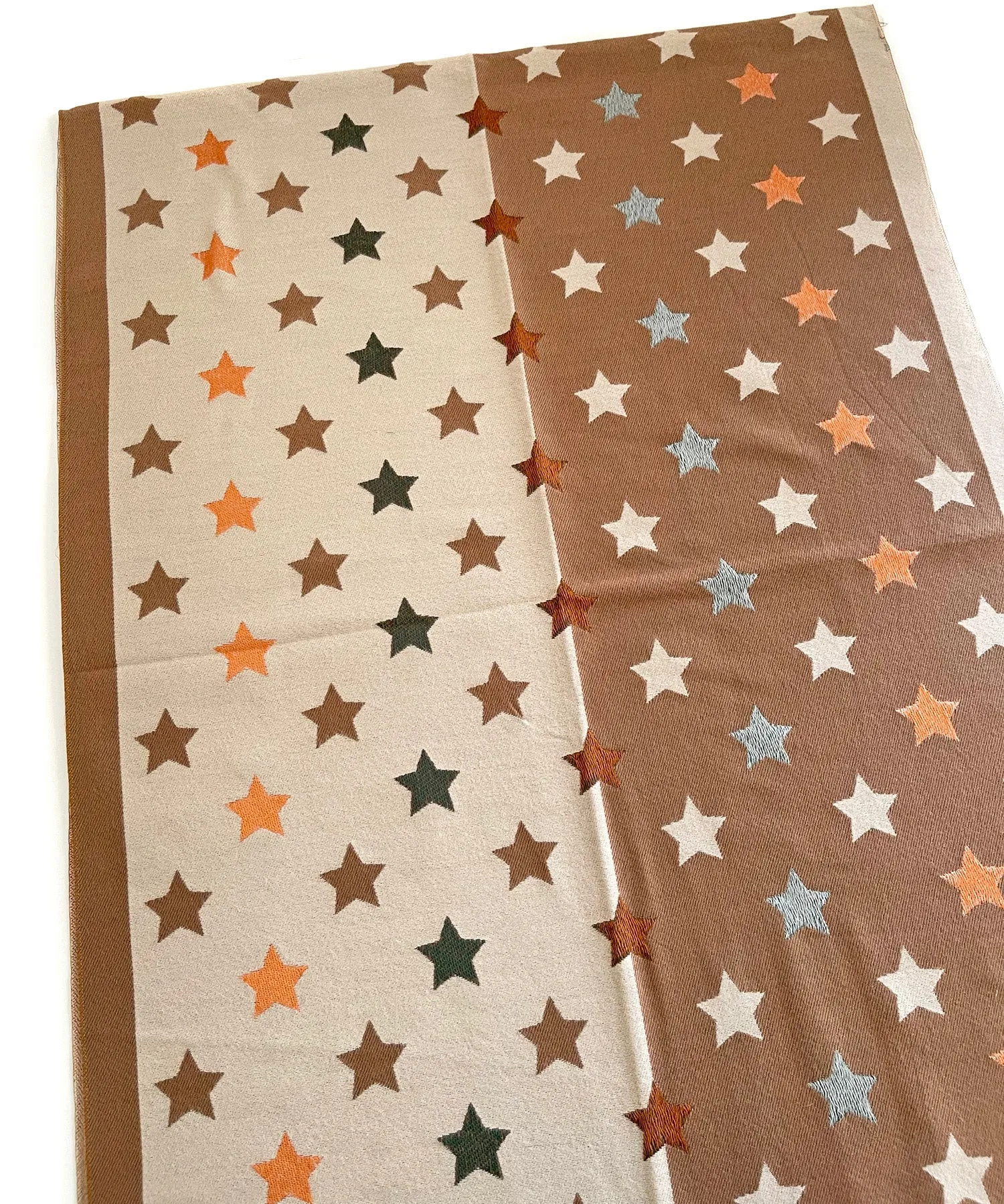 LARGE MOCHA BEIGE WOOL STAR PRINT REVERSIBLE WINTER SHAWL BLANKET SCARF