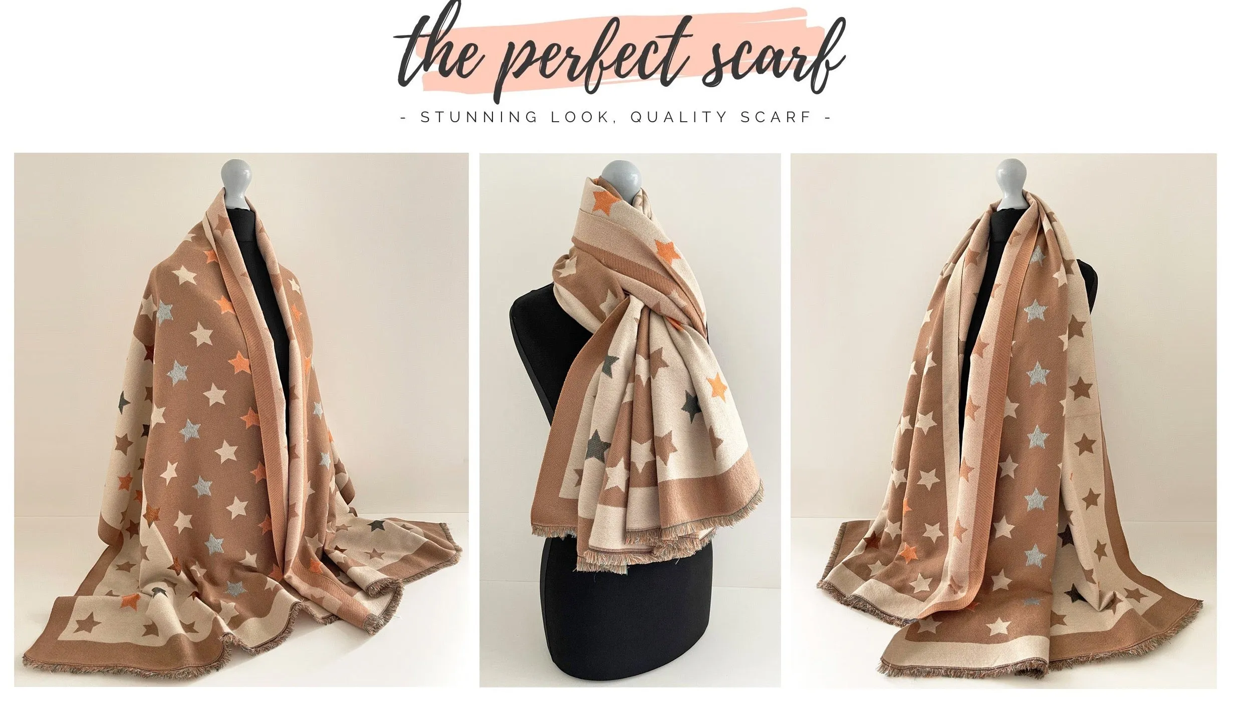 LARGE MOCHA BEIGE WOOL STAR PRINT REVERSIBLE WINTER SHAWL BLANKET SCARF