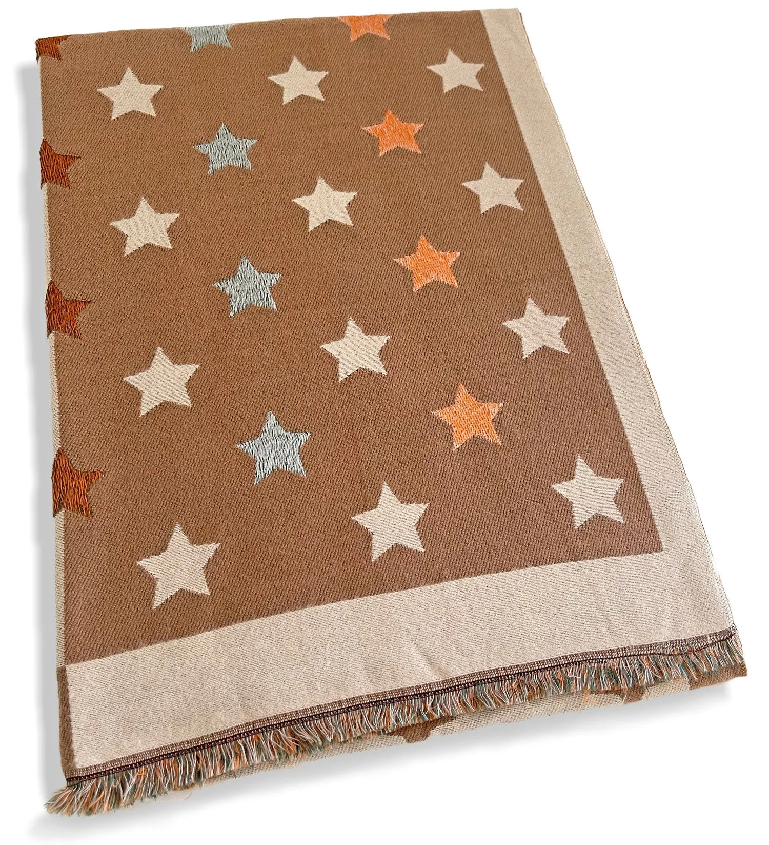 LARGE MOCHA BEIGE WOOL STAR PRINT REVERSIBLE WINTER SHAWL BLANKET SCARF