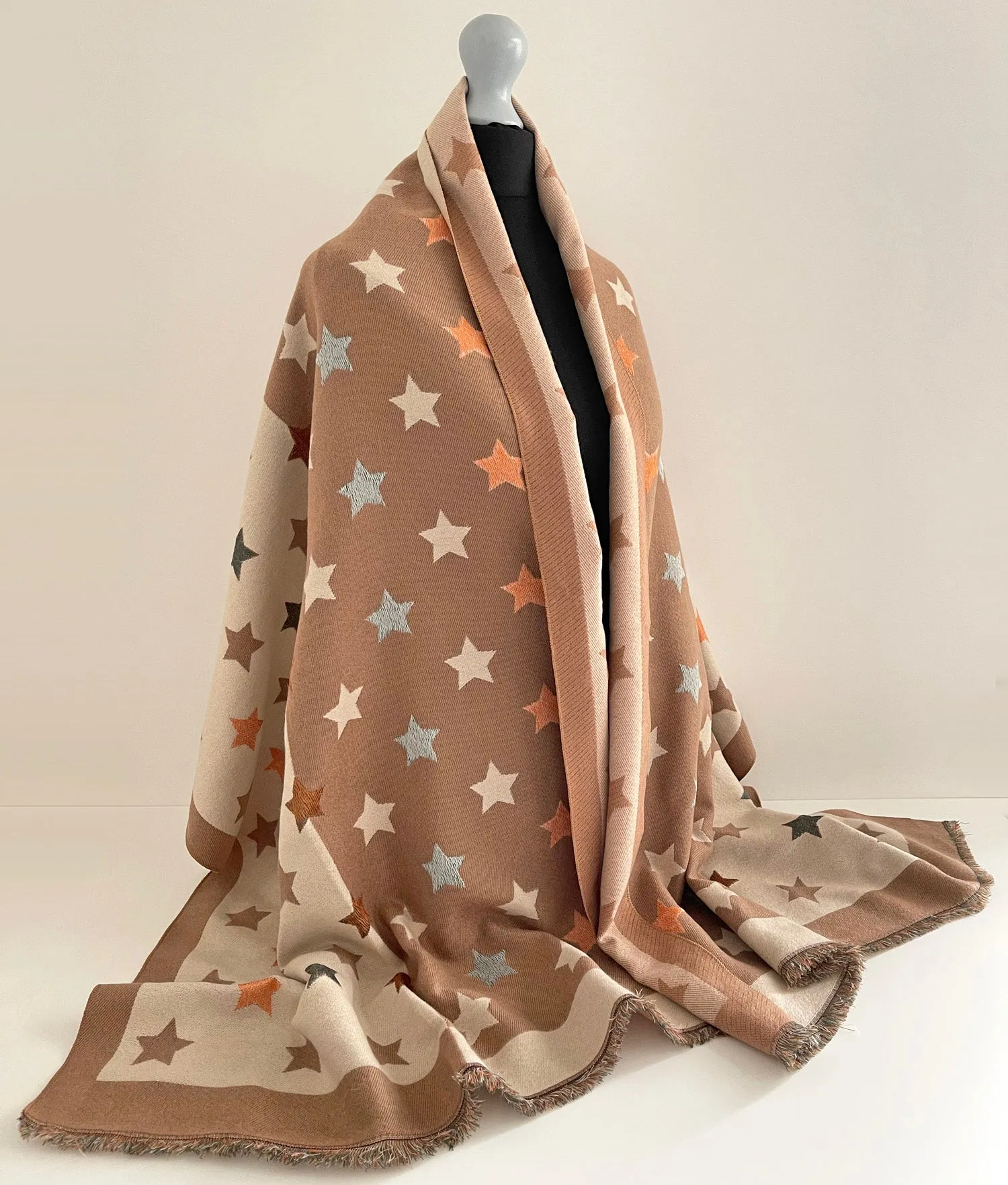 LARGE MOCHA BEIGE WOOL STAR PRINT REVERSIBLE WINTER SHAWL BLANKET SCARF