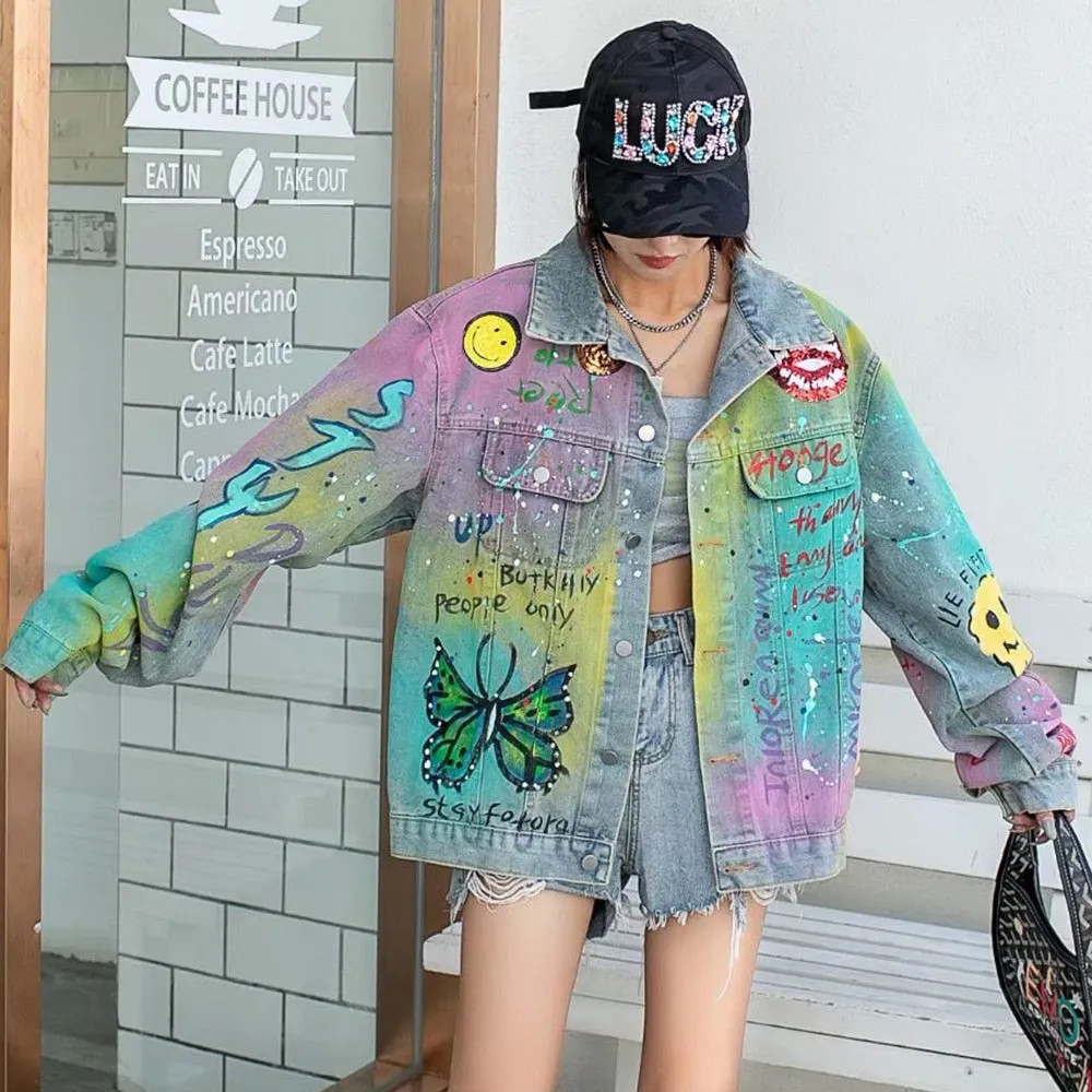 Letter Printing Denim Coats For Women Lapel Long Sleeve Loose Patchwork Pockets Streetwear Jacket Female Fashion