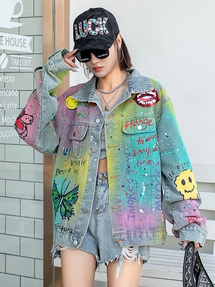 Letter Printing Denim Coats For Women Lapel Long Sleeve Loose Patchwork Pockets Streetwear Jacket Female Fashion