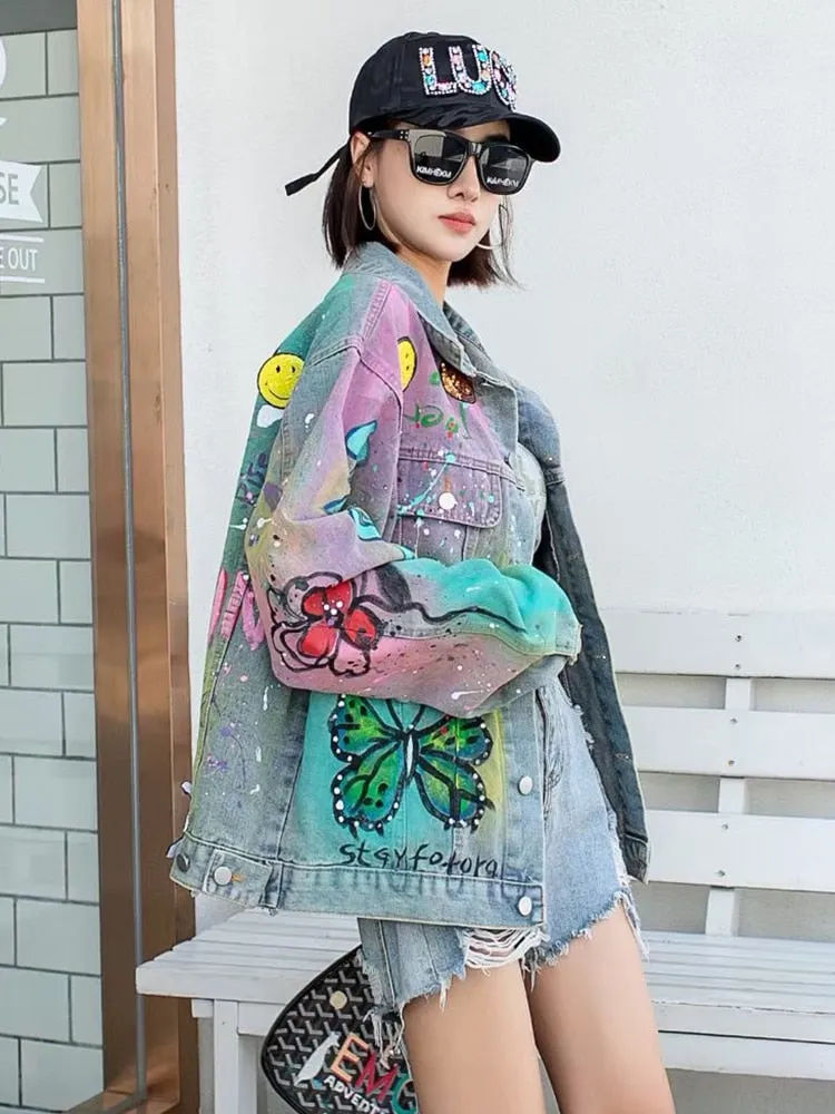 Letter Printing Denim Coats For Women Lapel Long Sleeve Loose Patchwork Pockets Streetwear Jacket Female Fashion