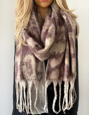 LONG BEIGE WOOL MIX FLUFFY OVERSIZED LEOPARD PRINT SCARF