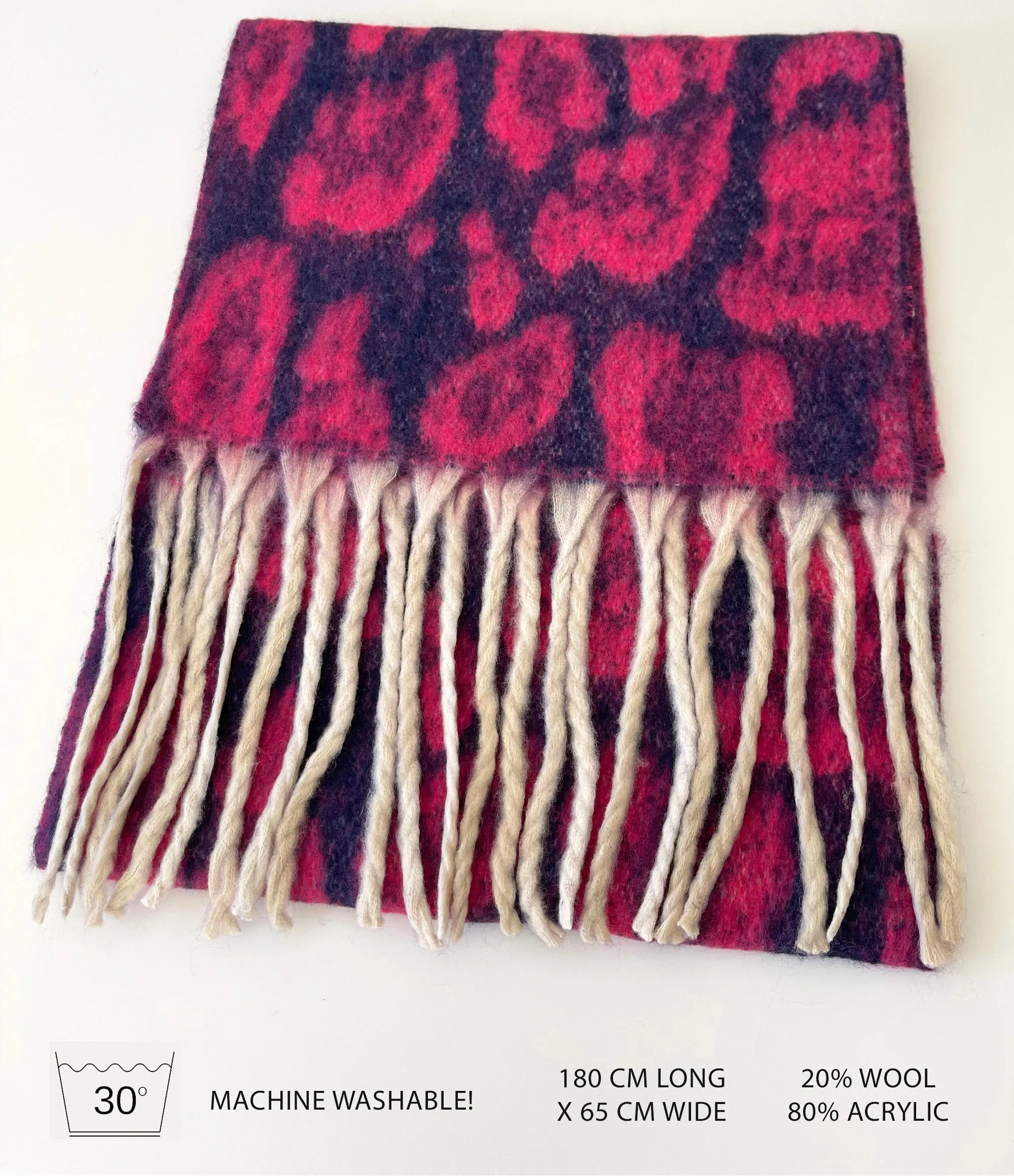 LONG FUCHSIA PINK WOOL MIX FLUFFY OVERSIZED LEOPARD PRINT SCARF