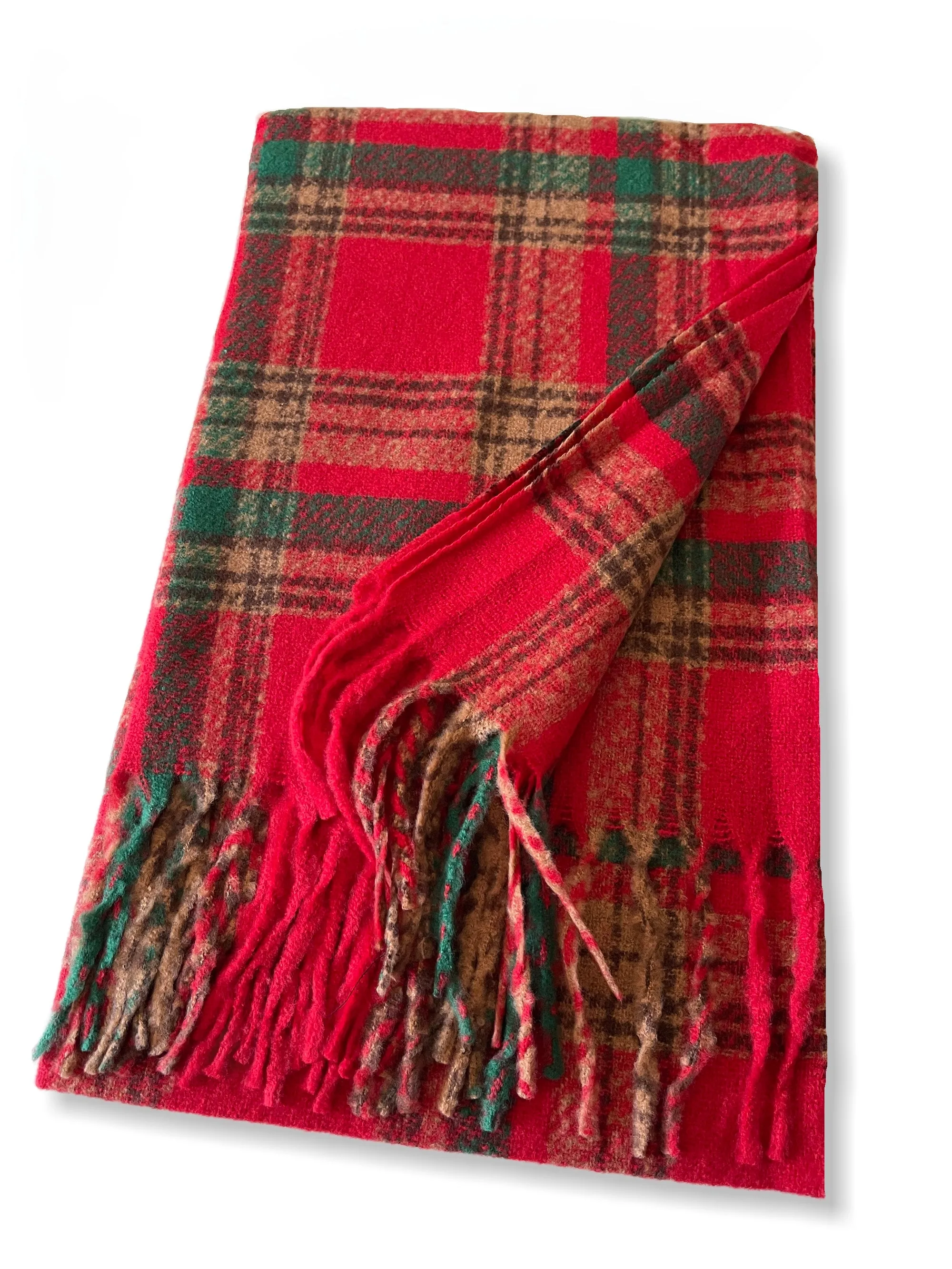 LONG RED CASHMERE MIX CHECKED TARTAN SCARF