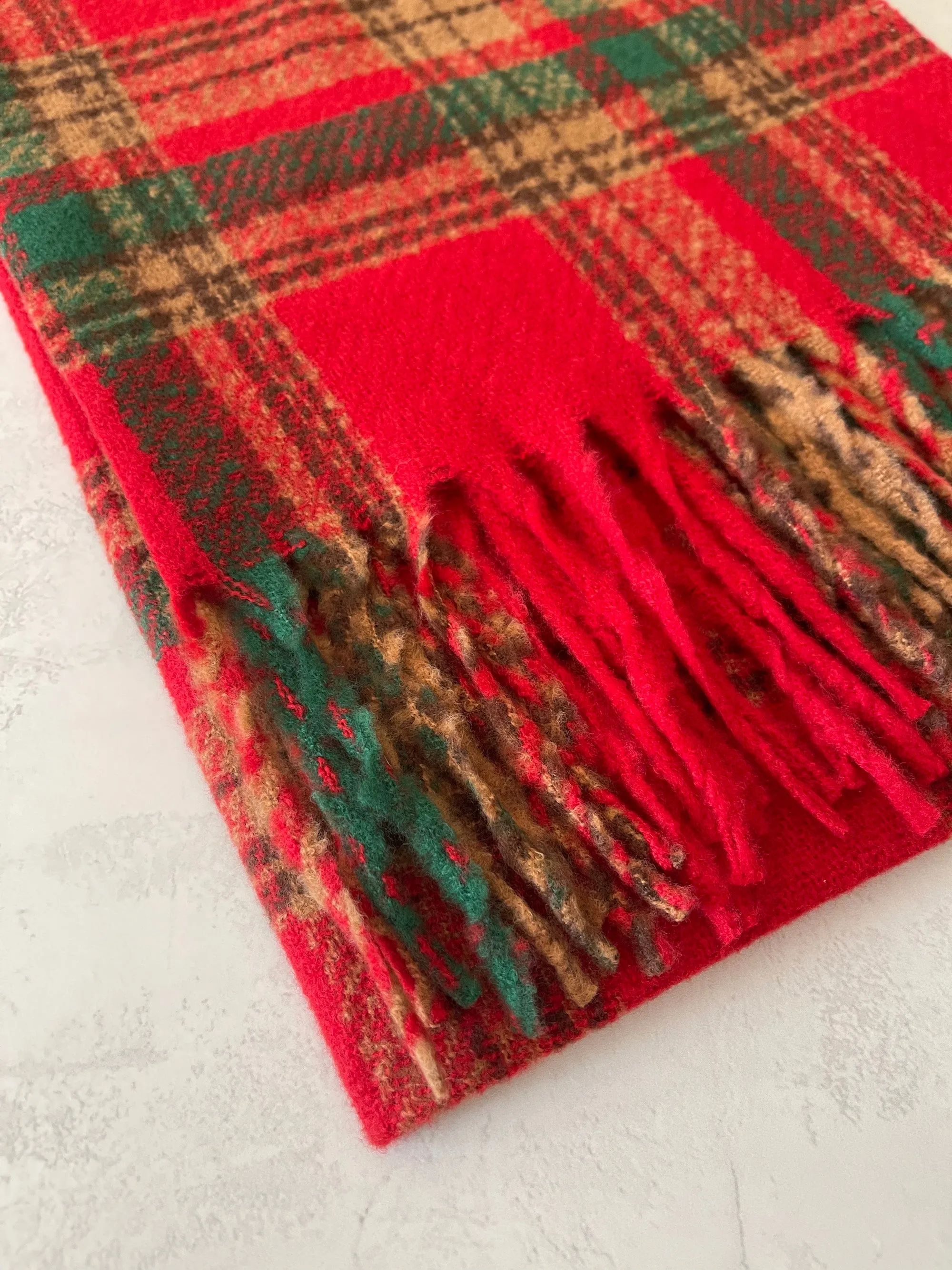 LONG RED CASHMERE MIX CHECKED TARTAN SCARF