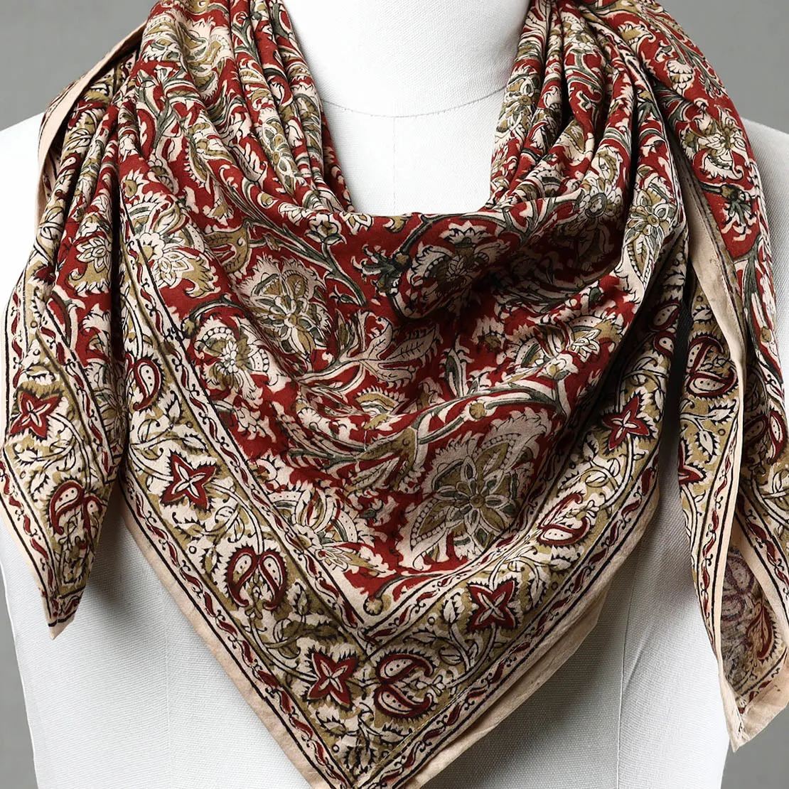 Maroon - Pedana Kalamkari Block Printed Natural Dyed Cotton Scarf 69