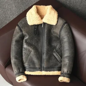 Men Sheepskin Genuine Leather Jacket Winter Warm Shearling Wool Fur Coat