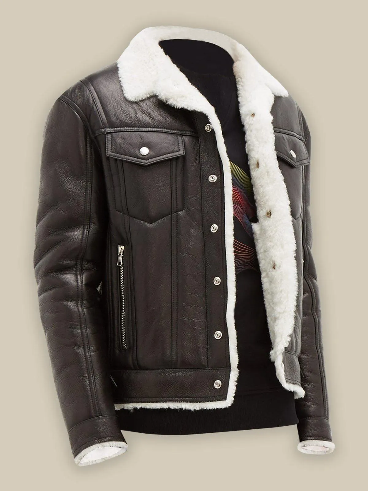 Men's Black Streetstyle Shearling Leather Bomber Jacket