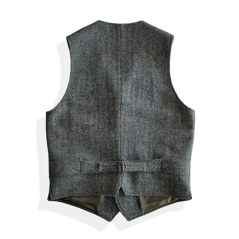 Men's Tweed Wool Vest - Slim Fit Grey Vintage Business Casual